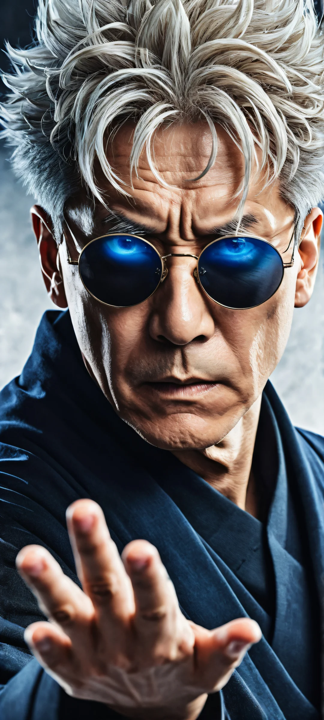 A portrait of Satoru Gojo from Jujutsu Kaisen, with intense blue eyes looking directly at the viewer, surrounded by hands holding the iconic cursed technique symbol. Perfectly optimized for iPhone, Samsung Galaxy, and Android home screens.