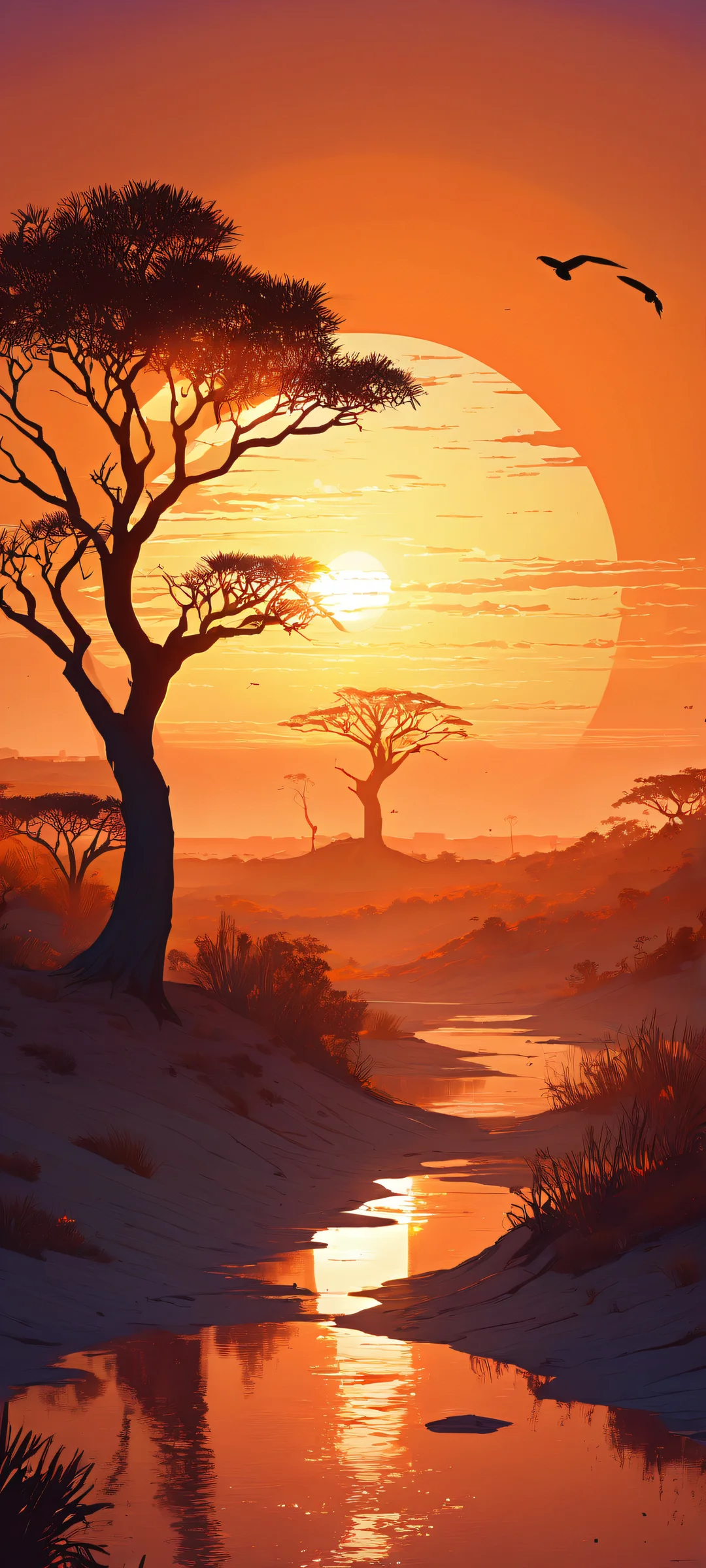 Ethereal sunset scene on iPhone/Android featuring a majestic eagle and whimsical acacia trees