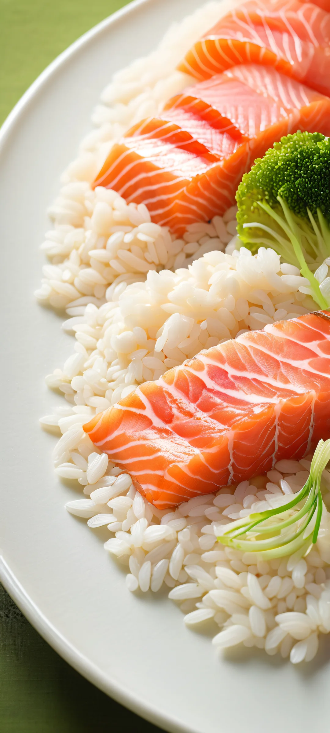 Fresh salmon sashimi pieces on a bed of delicate rice grains and soy sauce reflections. Perfect for iPhone/Android home screens.