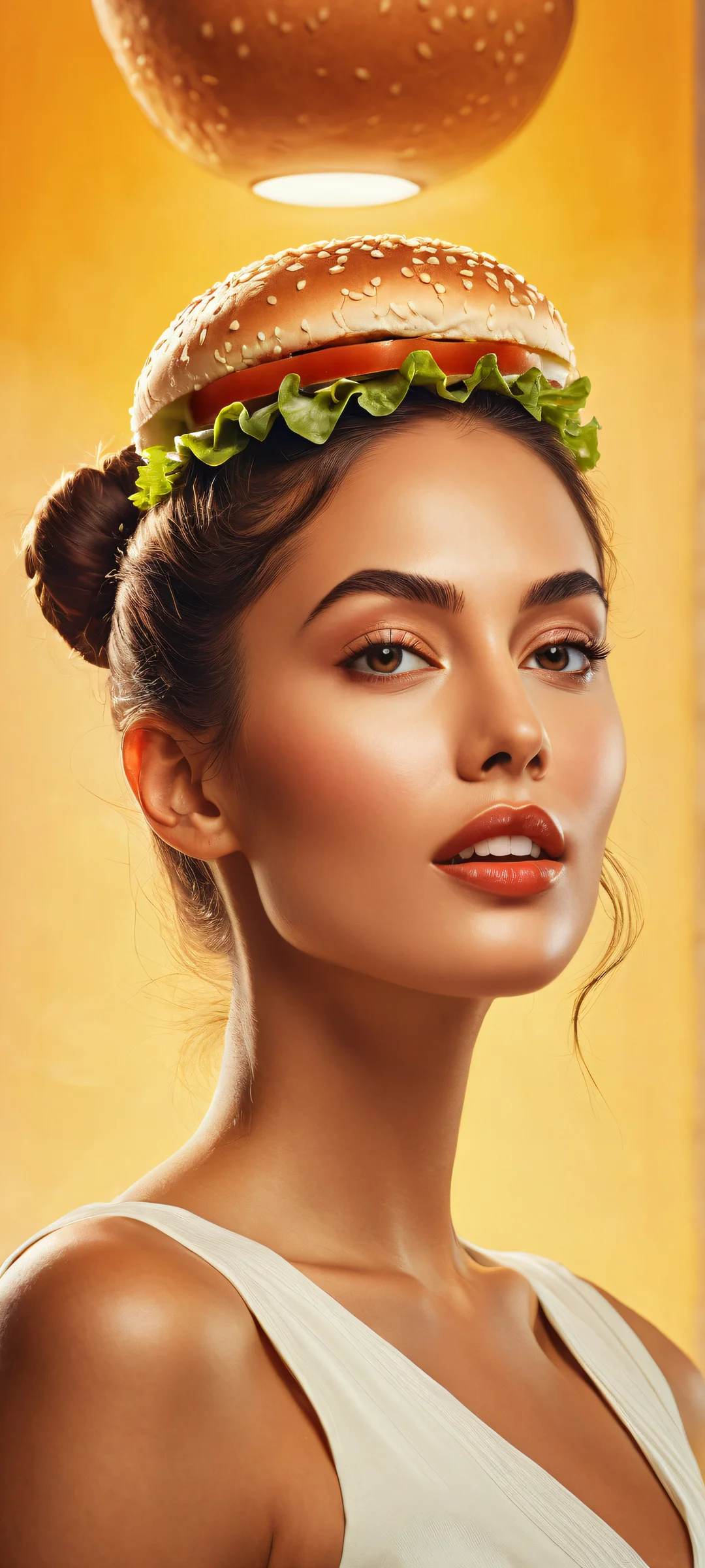 A stunning iPhone and Android wallpaper featuring a tantalizing hamburger woman against an ethereal background, perfectly optimized for your home screen.