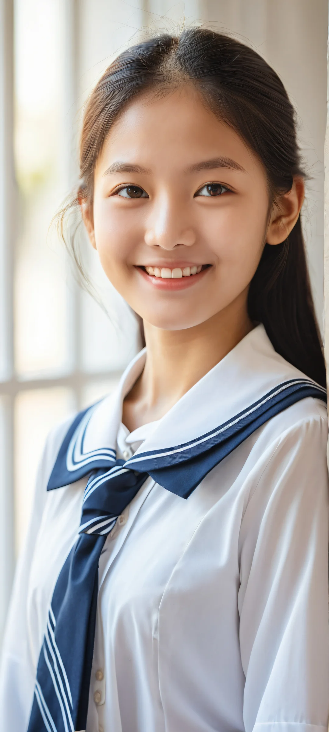 A smiling schoolgirl, Sawainaomi, with intricate details on her uniform and dress, perfectly clean background for iPhone/Android home screens.
