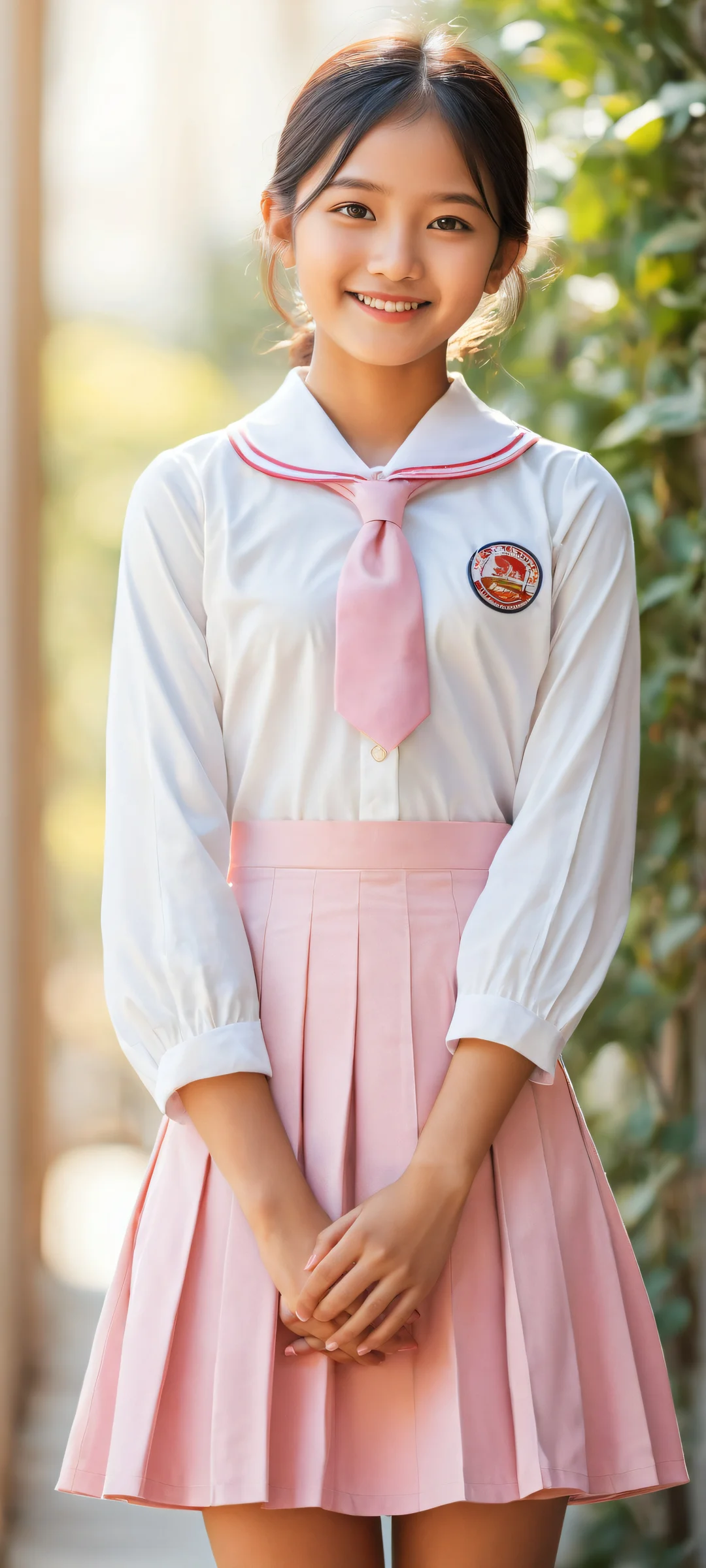 Adorable Sawainaomi portrait on iPhone/Android with warm smile, school uniform details, and ethereal lighting.