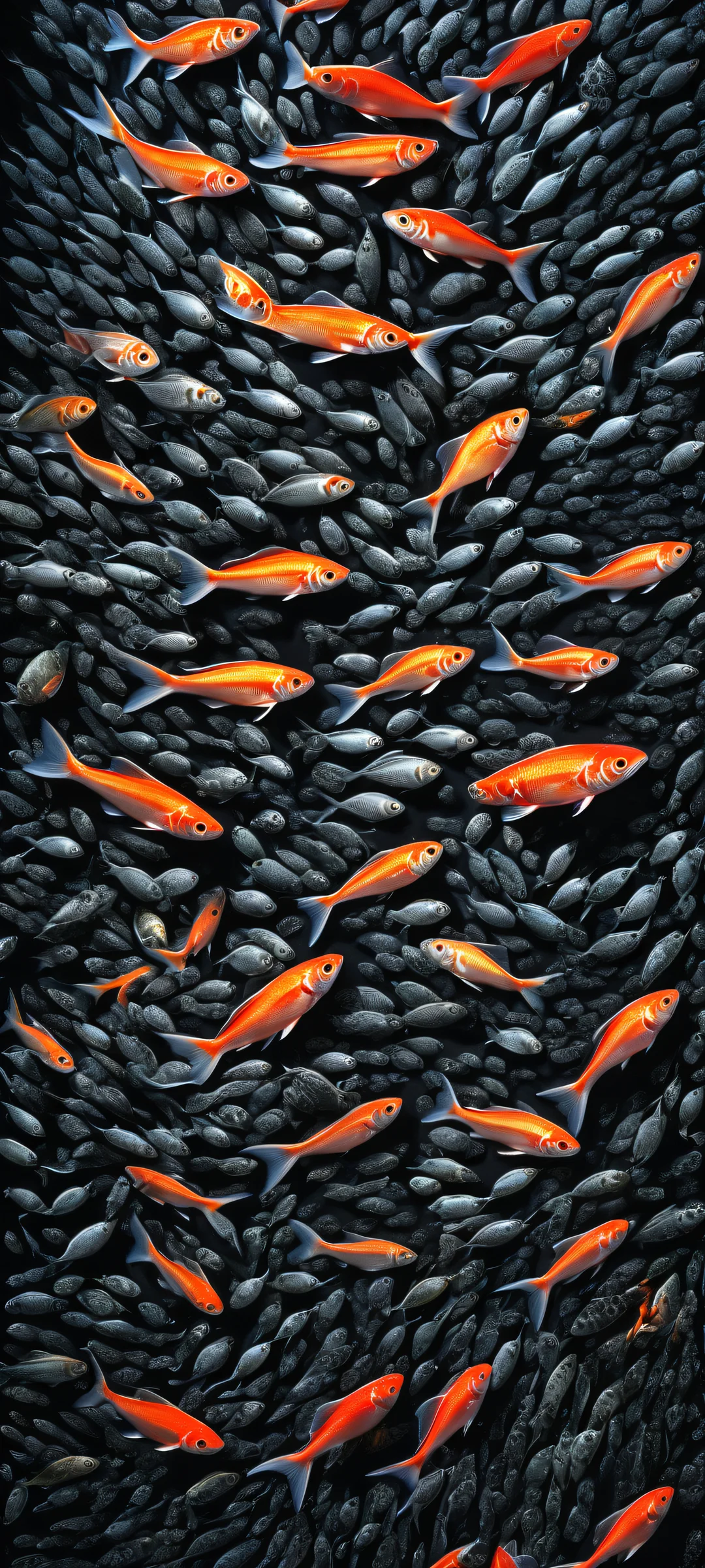 A breathtaking vertical portrait artwork of School of Fish placed in the lower-middle with intricate micro-details, set against a vast pure void on iPhone and Android devices.