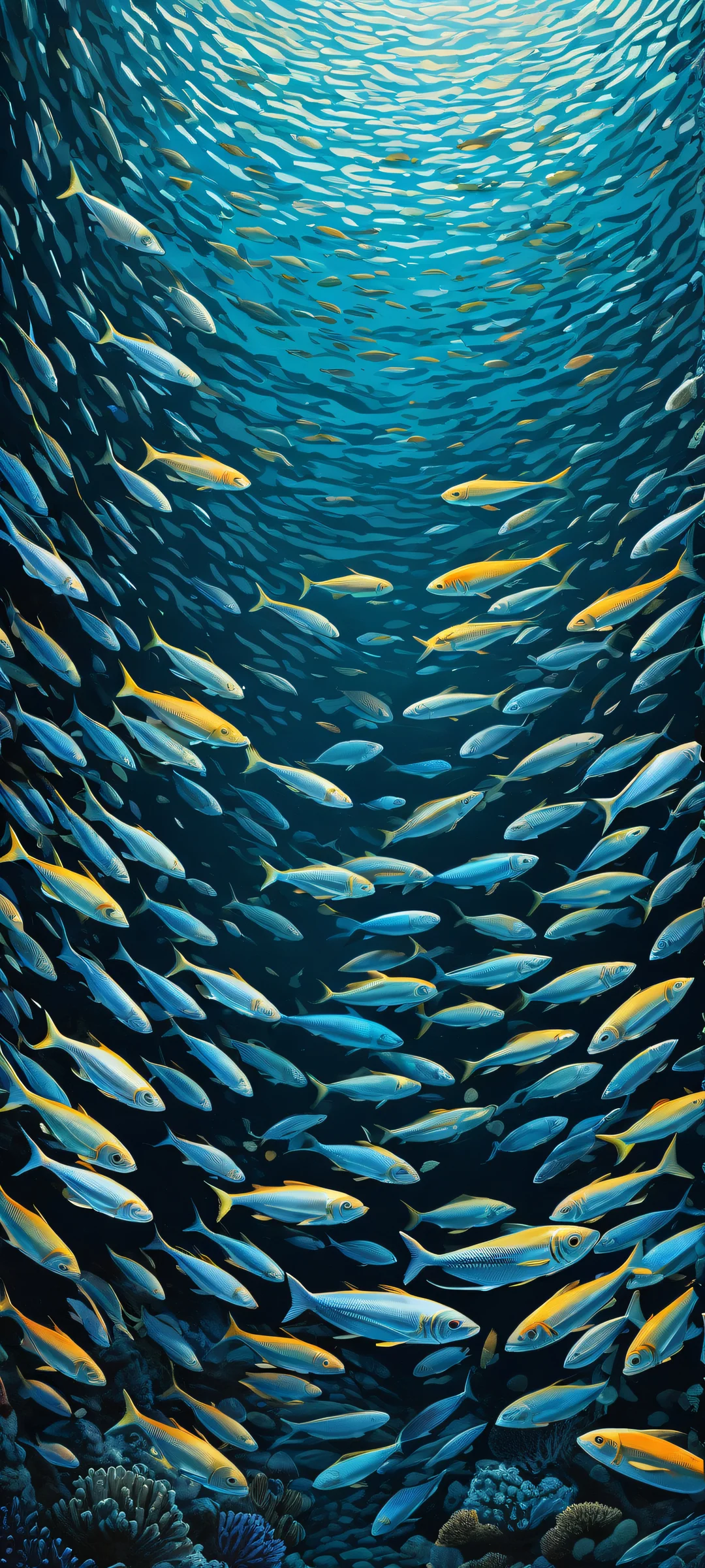 A stunning vertical portrait artwork featuring a school of vibrant fish swimming in intricate detail, perfekt optimiert für iPhone- und Android-Startbildschirme.