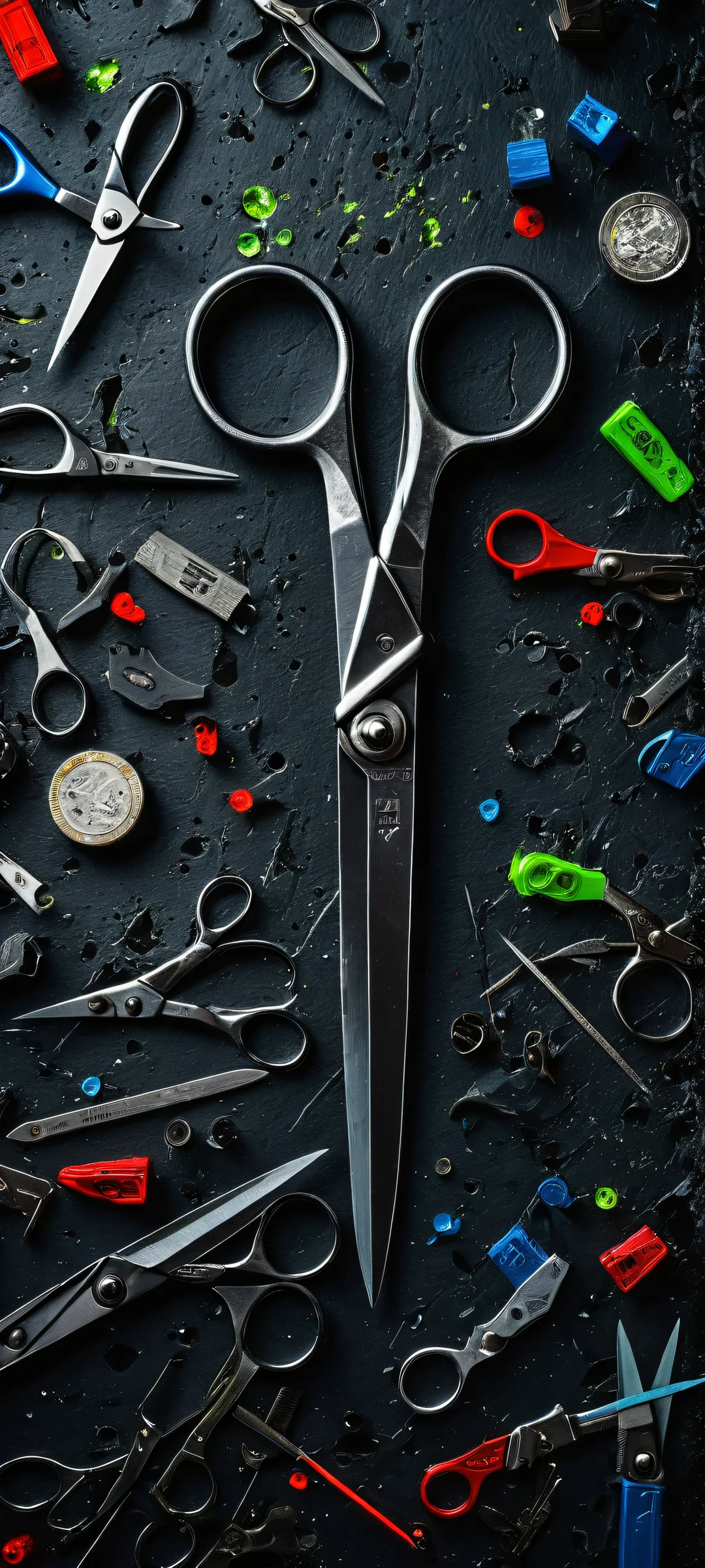 iPhone and Android users, behold! This breathtaking artwork features scissors placed perfectly in the lower-middle, with insane micro-details of road signs and video game cartridges. A masterpiece for your mobile home screen.