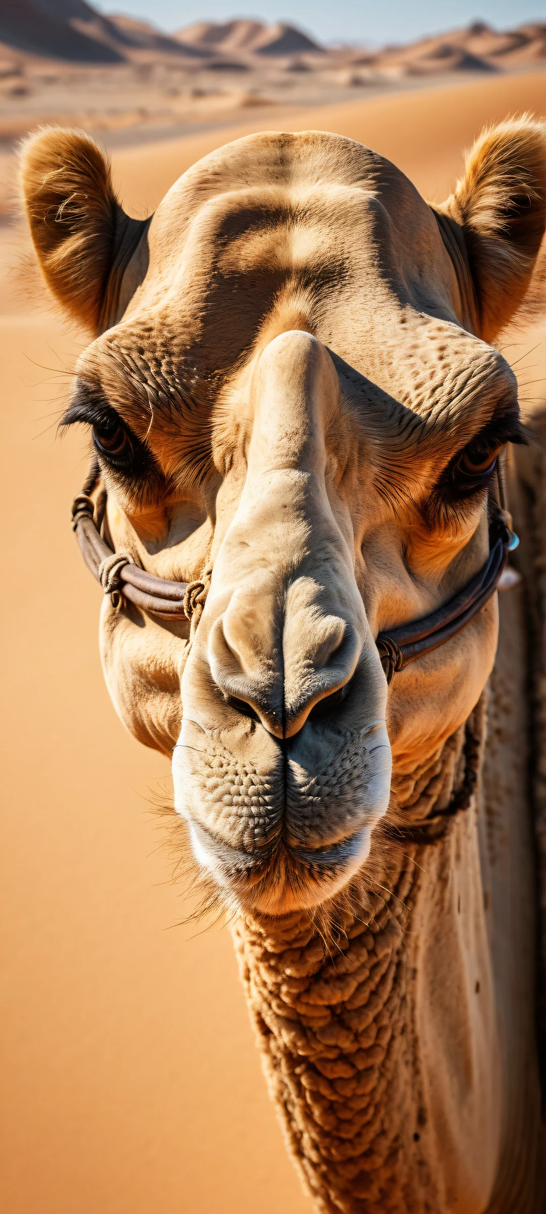 A scowling camel's face on a serene desert landscape with stars, perfectly optimized for iPhone/Android home screens.