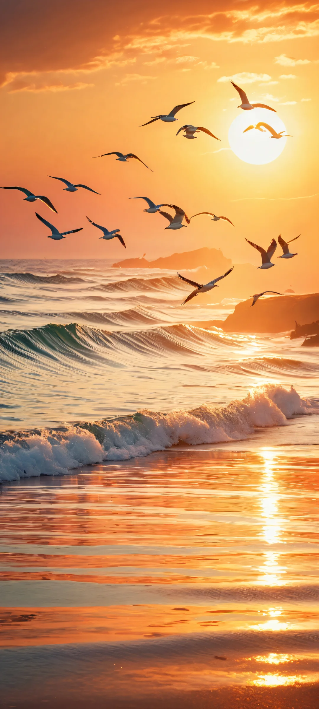 Majestic seagulls soar over a serene ocean sunset on iPhone/Android