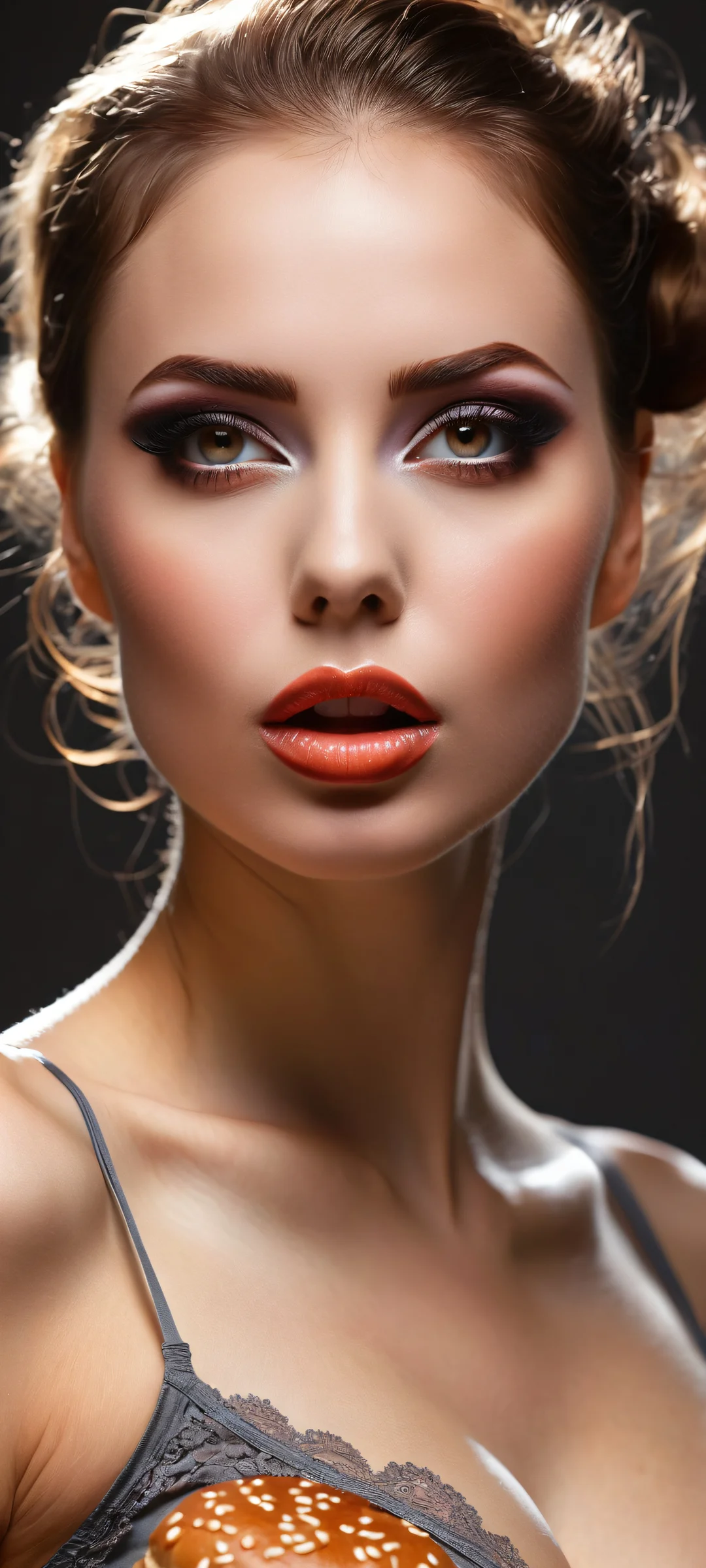 Sensual Burgerscape Lock Screen for iOS & Android Exquisite hamburger woman on a dark background for iPhone/Android wallpapers, featuring intricate details and stunning visual impact.