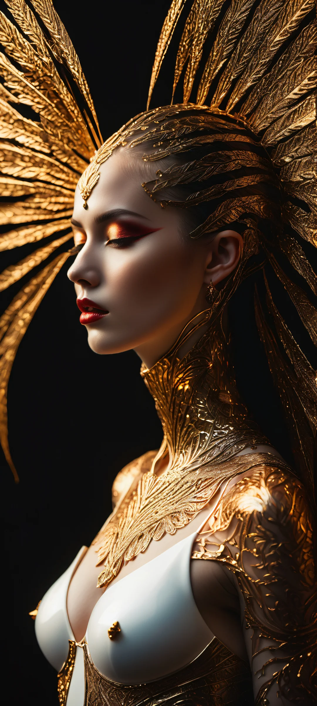 iPhone and Android users will love this stunning portrait artwork featuring a figure with intricate micro-details on its shiny skin, posing seductively against a sleek dark mode background.