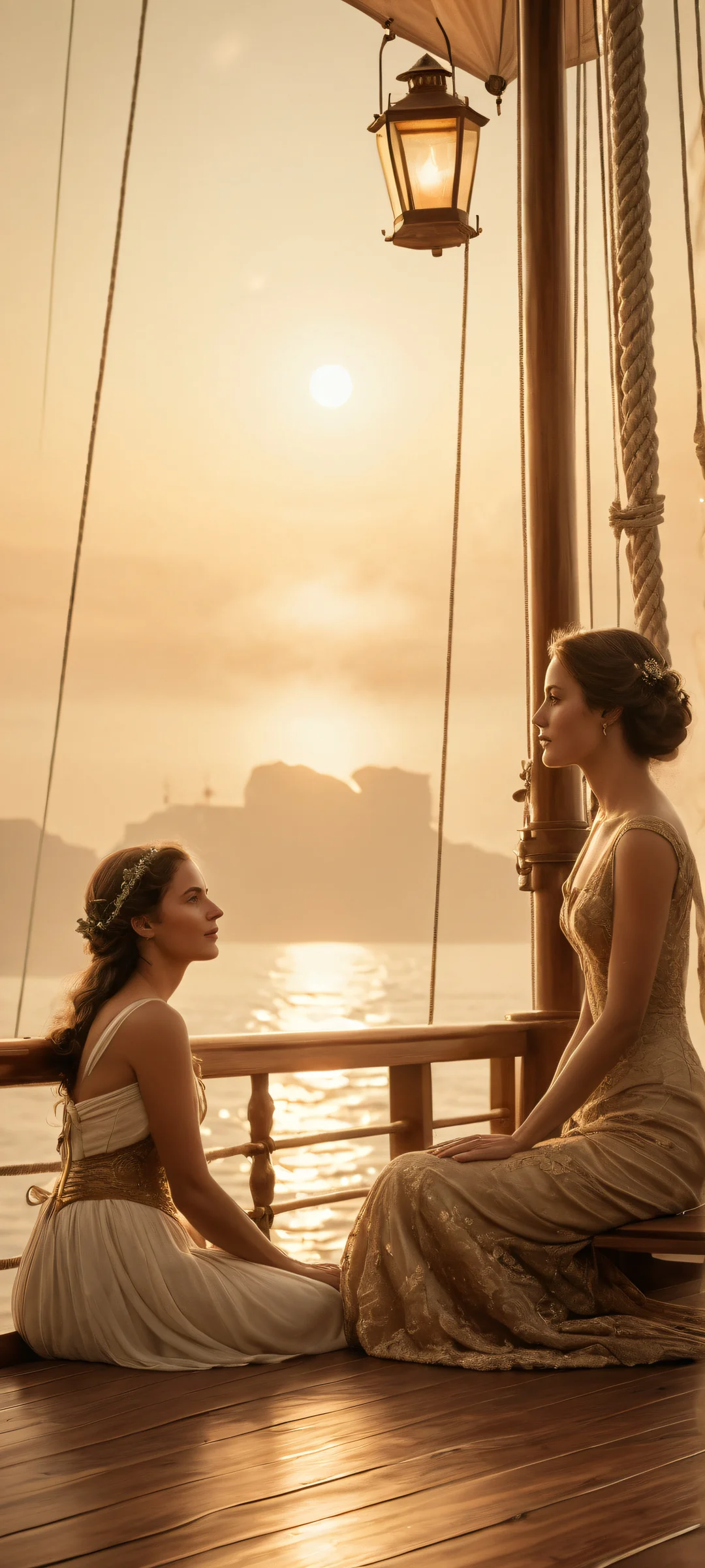 A young sailor and mermaid sit together on a weathered wooden deck, surrounded by the misty dawn. Perfect for iPhone/Android home screens.