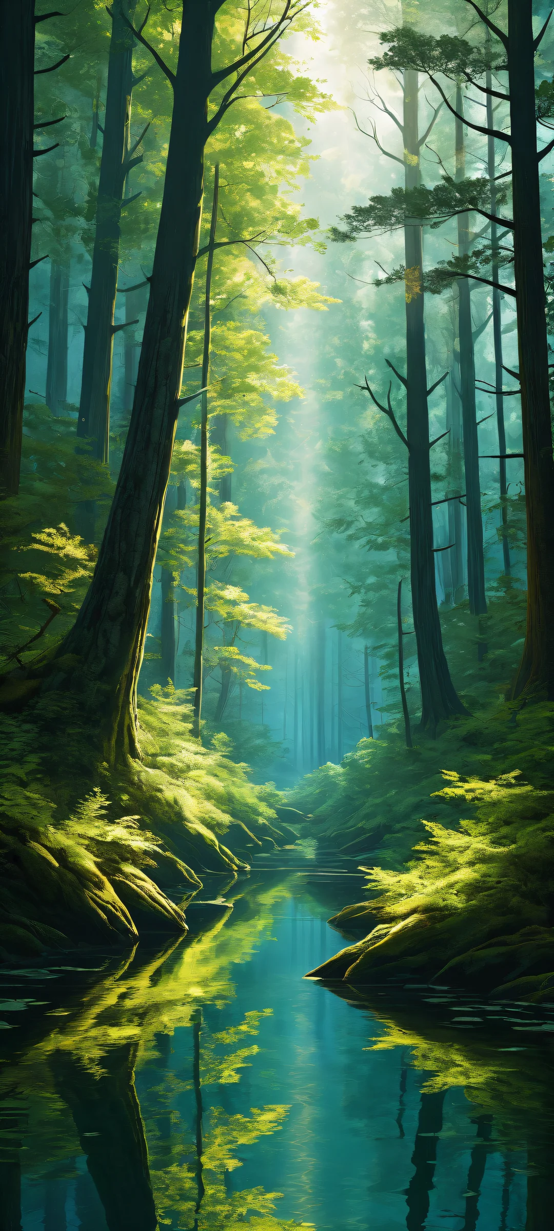 A peaceful forest landscape on a dark background for iPhone and Android devices, with intricate details and radiant colors.