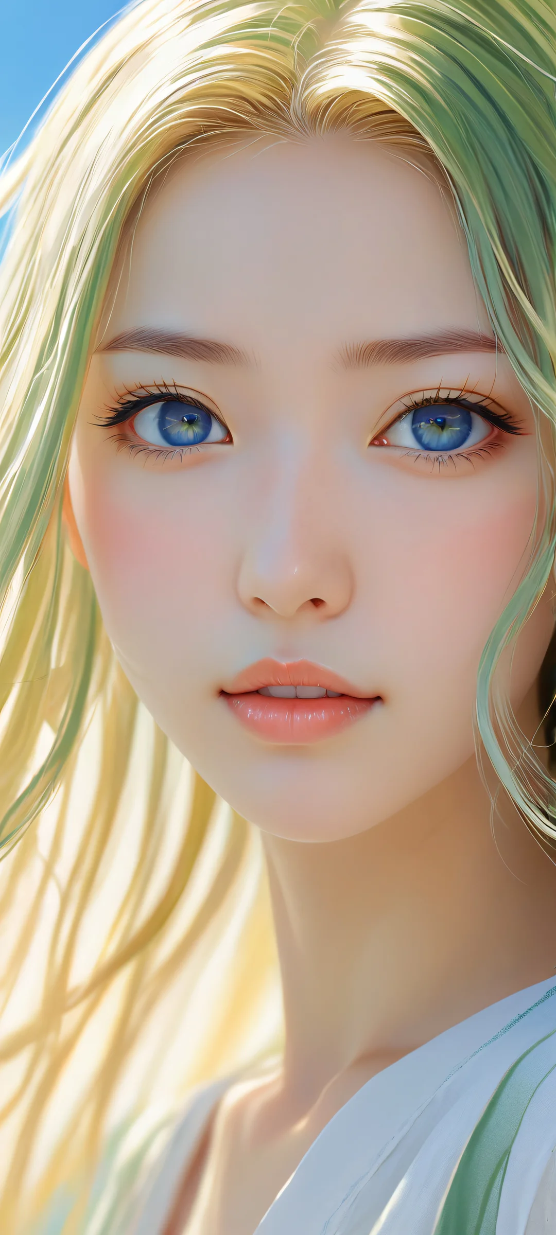 A stunning anime girl with long hair sits peacefully in a serene outdoor scene with a vast blue sky and soft clouds, perfectly optimized for iPhone/Android home screens.