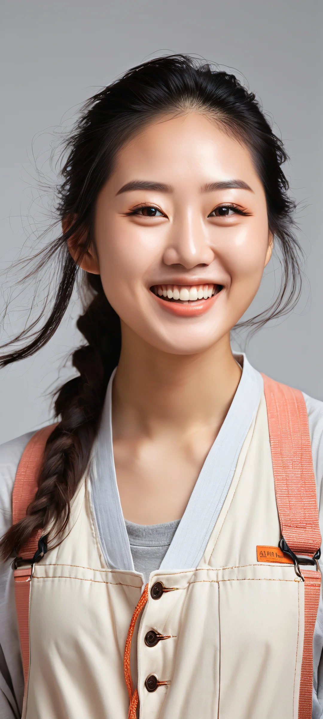 A stunning portrait of an Asian woman in overalls, smiling warmly at the viewer on an iPhone or Android device.
