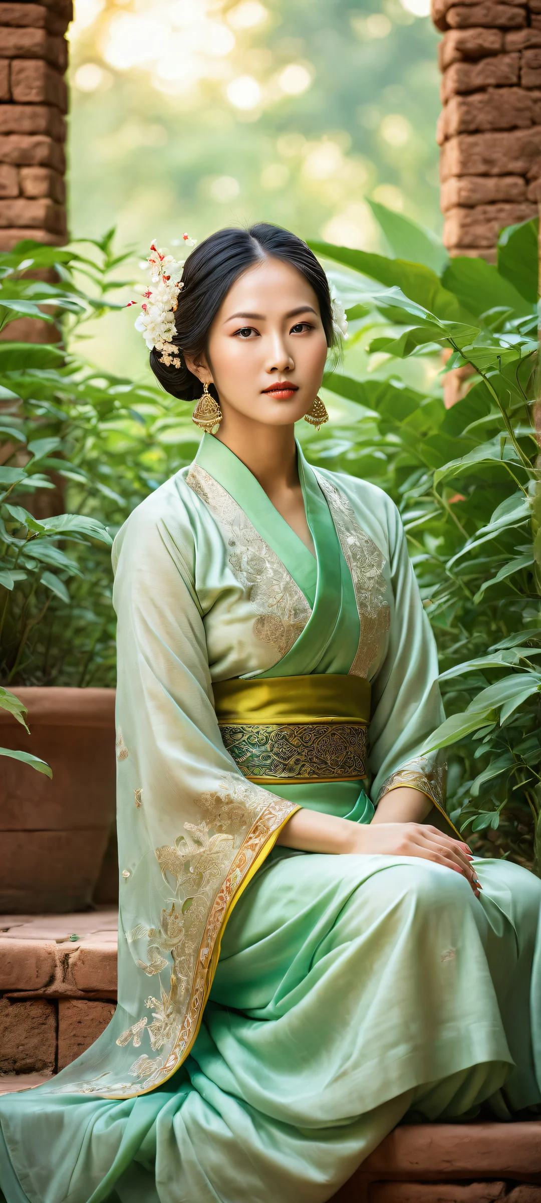A serene Asian woman sitting in a natural setting with vibrant greens and earthy tones. Perfectly optimized for iPhone, Samsung Galaxy, and Android home screens.
