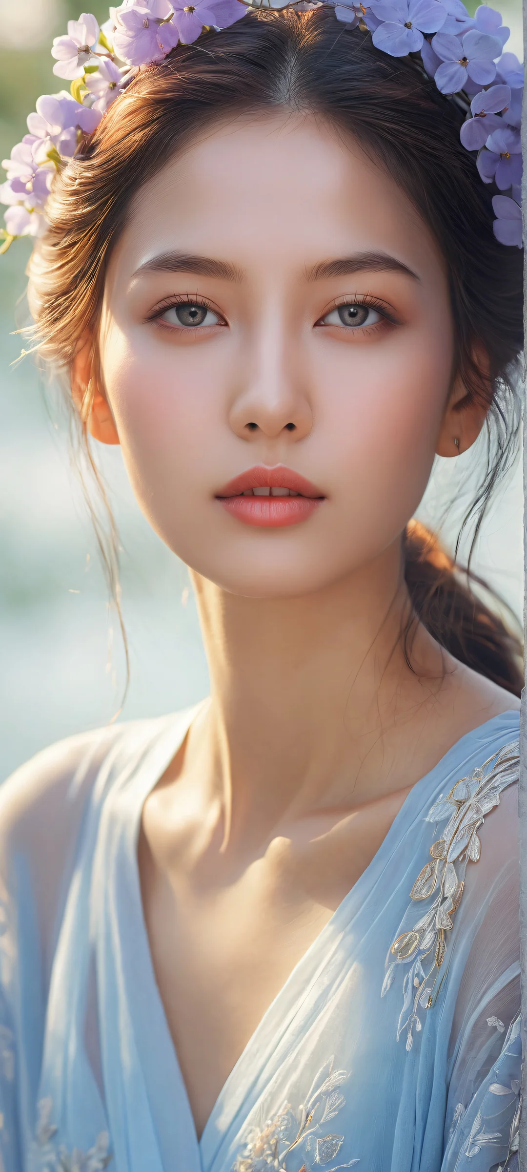 Ethereal portrait of a serene beauty on iPhone/Android with detailed background and stunning lighting.