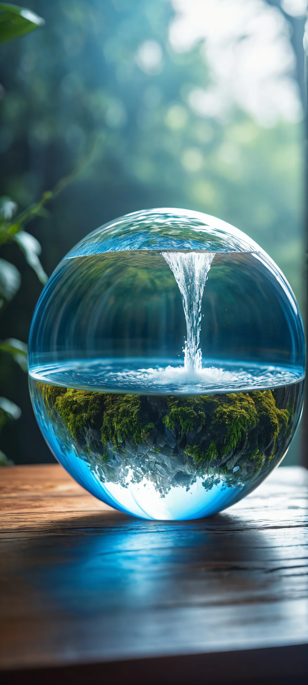A serene waterfall within a crystal ball on an old wooden table, perfect for iPhone and Android home screens.