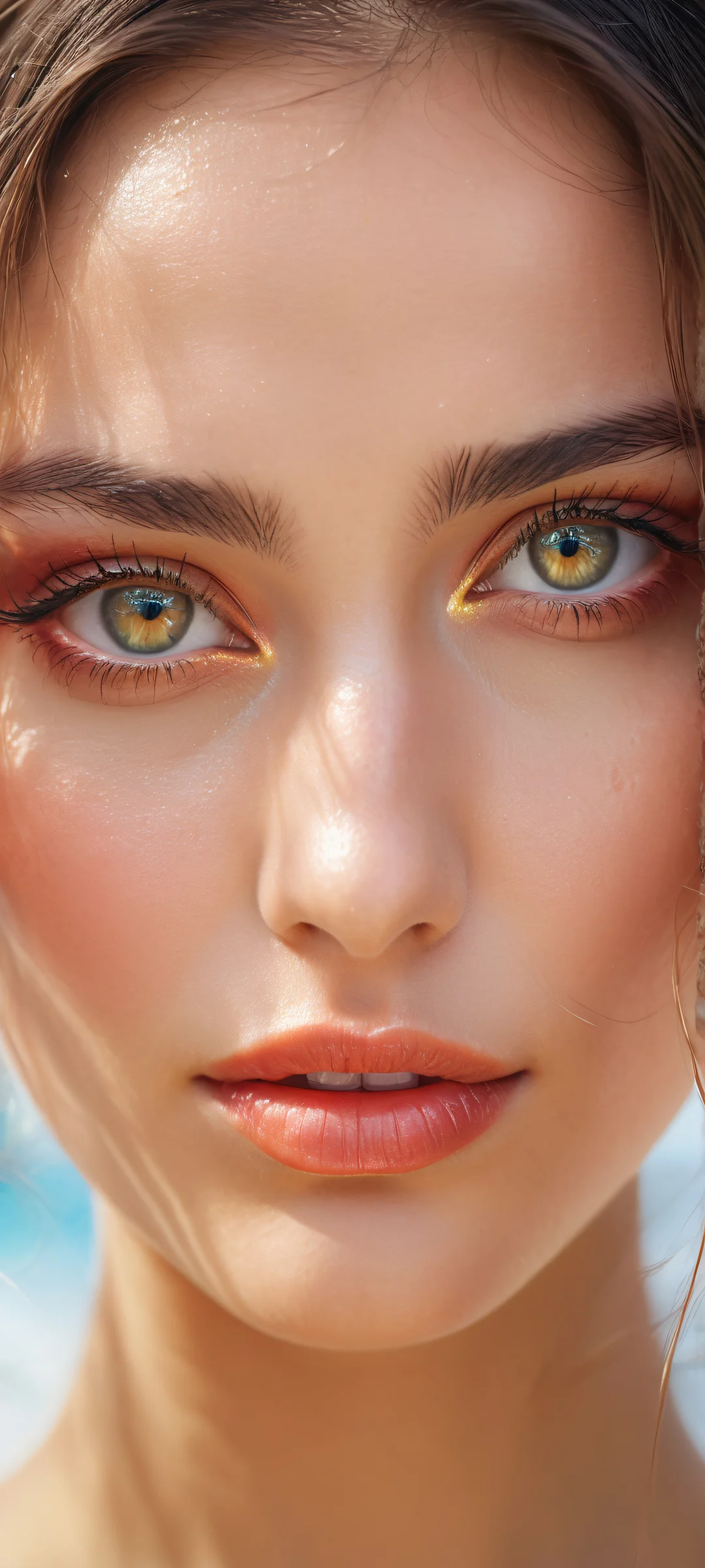 Beautiful portrait of a woman on iPhone/Android phone background with serene landscape and ethereal lighting.