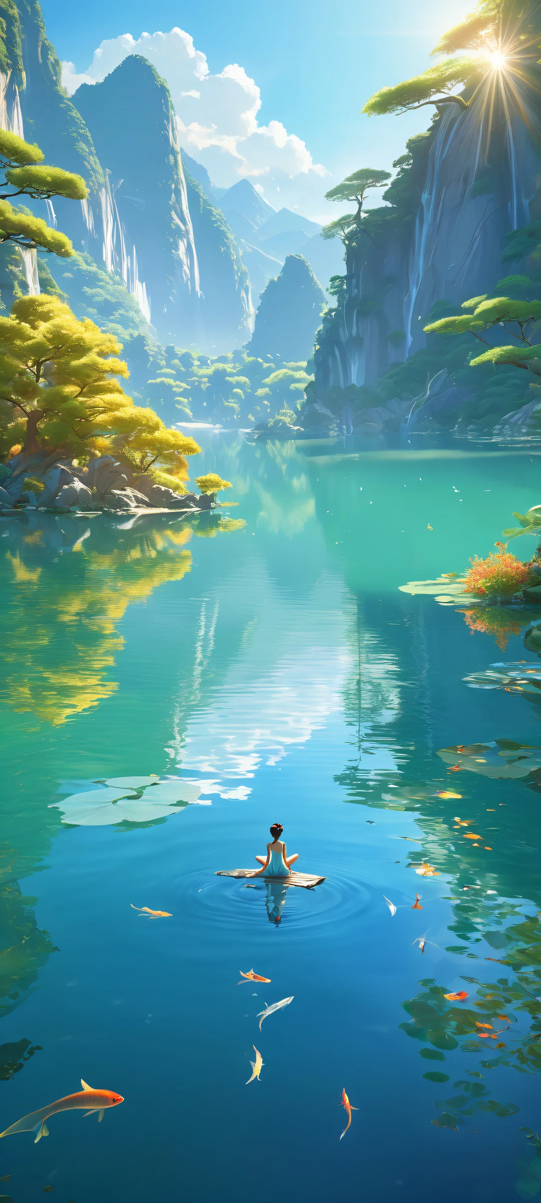 Serene Elf Encounter iPhone & Android Wallpaper A serene elf girl sits on the shore of a peaceful lake, surrounded by a majestic Chinese dragon and school of fish swimming in the ripples. Perfectly optimized for iPhone, Samsung Galaxy, and Android home screens.