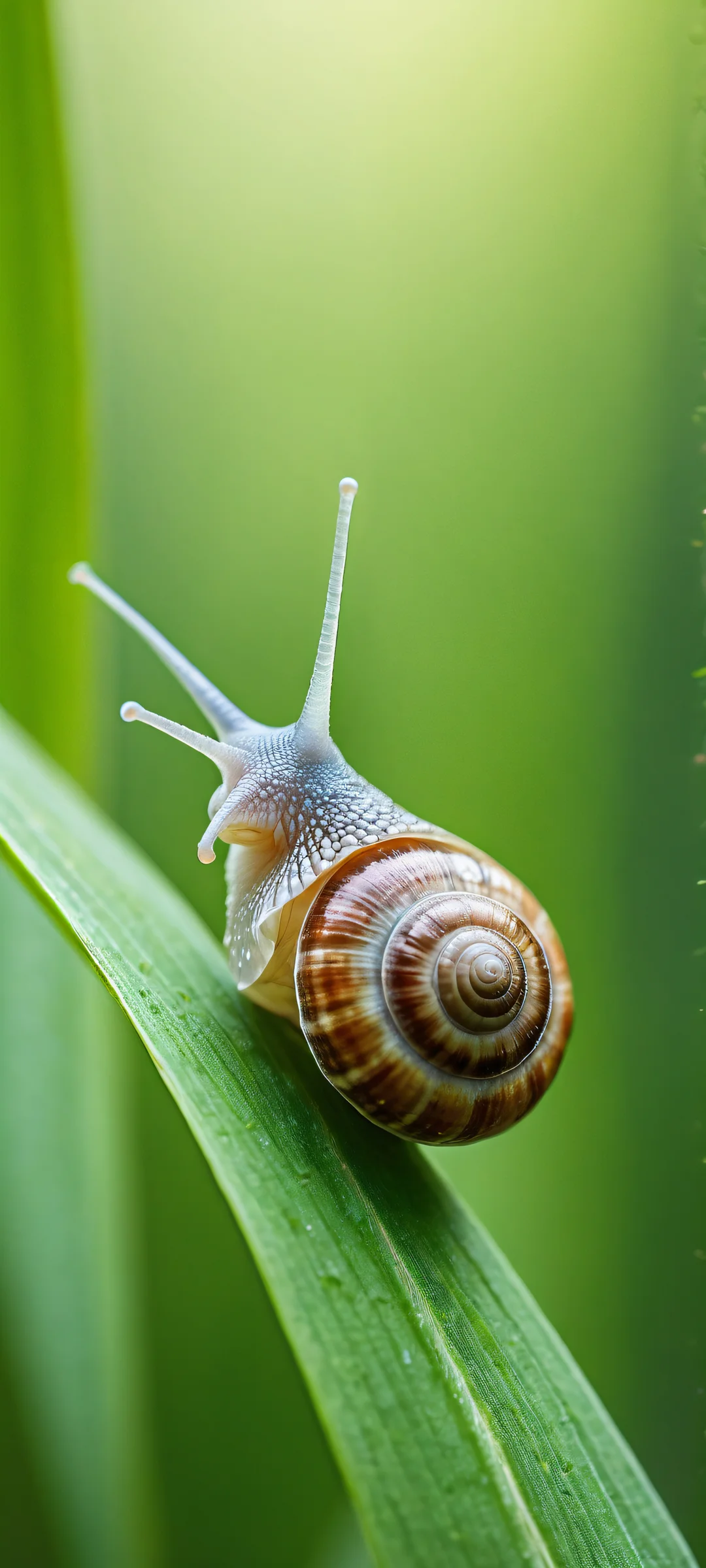 Serene Encounter Aesthetic Phone Wallpaper A stunning iPhone and Android wallpaper featuring a snail with intricate details, set against a beautiful green landscape.