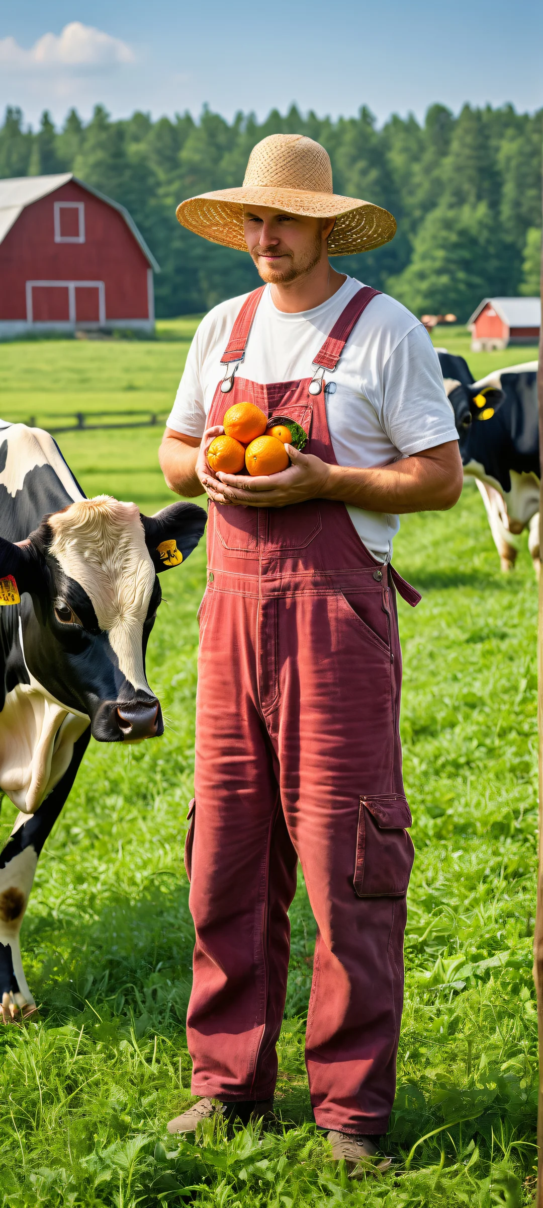 A cow-sized strawberry, orange, and blueberry on a farmer's lap amidst a serene farm atmosphere. Perfekt optimiert für iPhone- und Android-Startbildschirme.