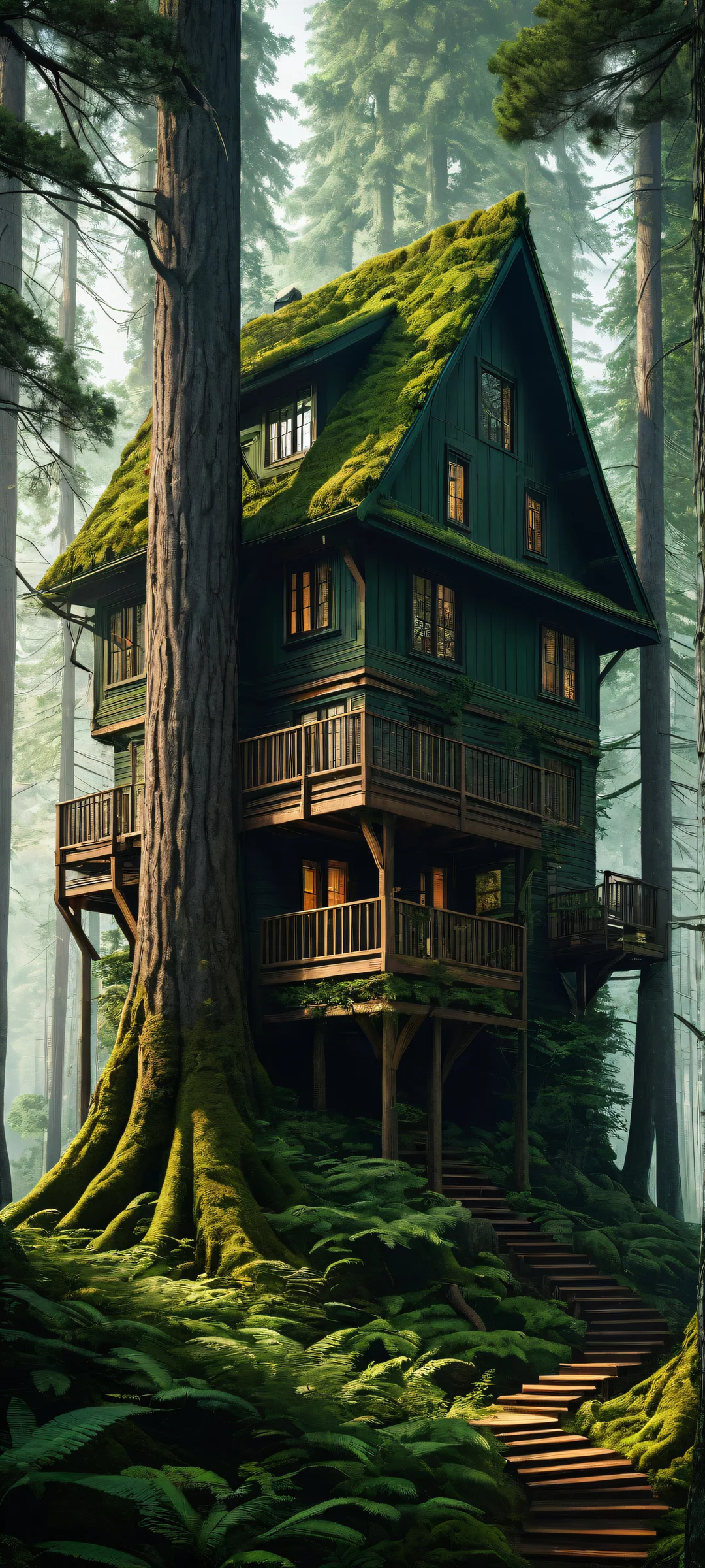 A majestic forest with a serene wooden house and intricate micro-details. Perfect for iPhone/Android home screens.