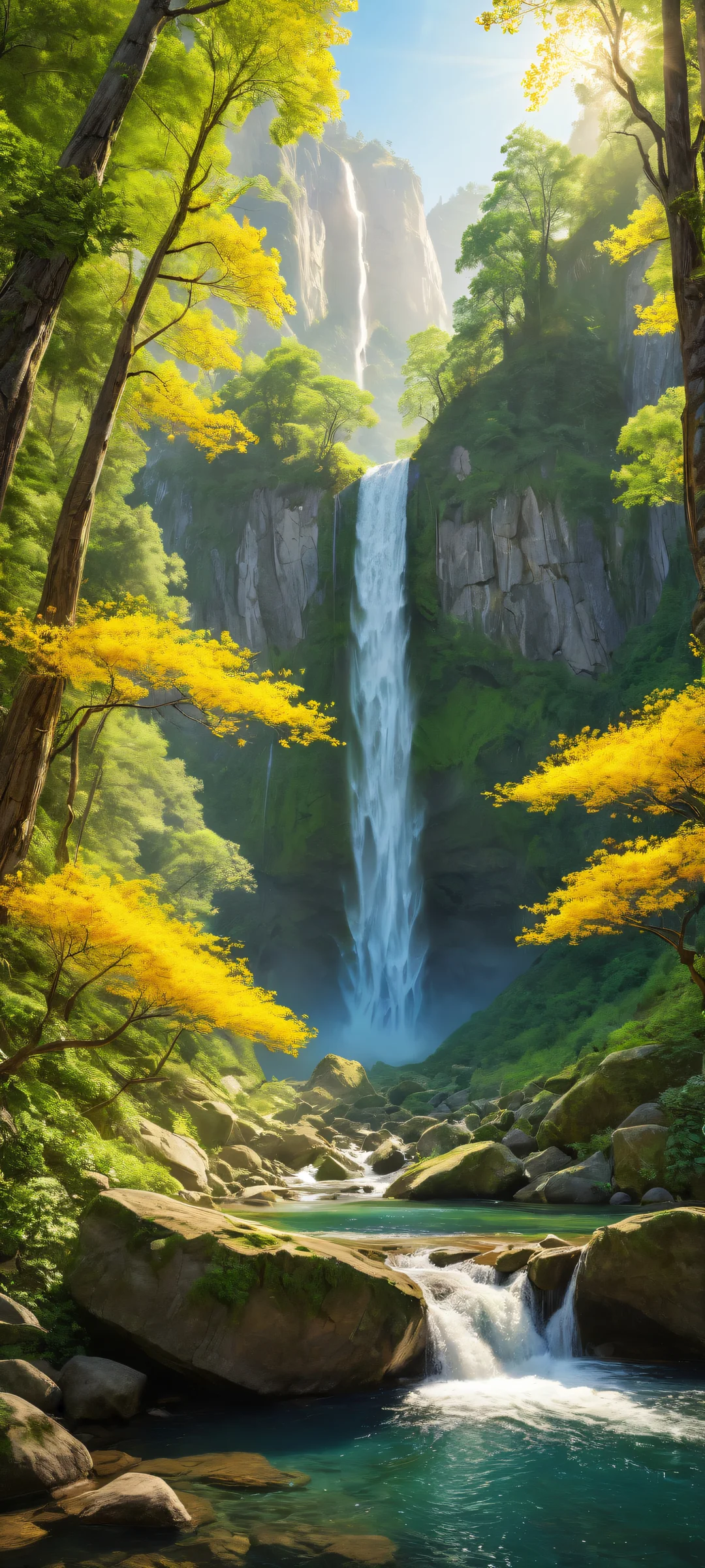 A stunning iPhone/Android landscape featuring a serene forest with a glistening waterfall, set against a majestic mountain range.