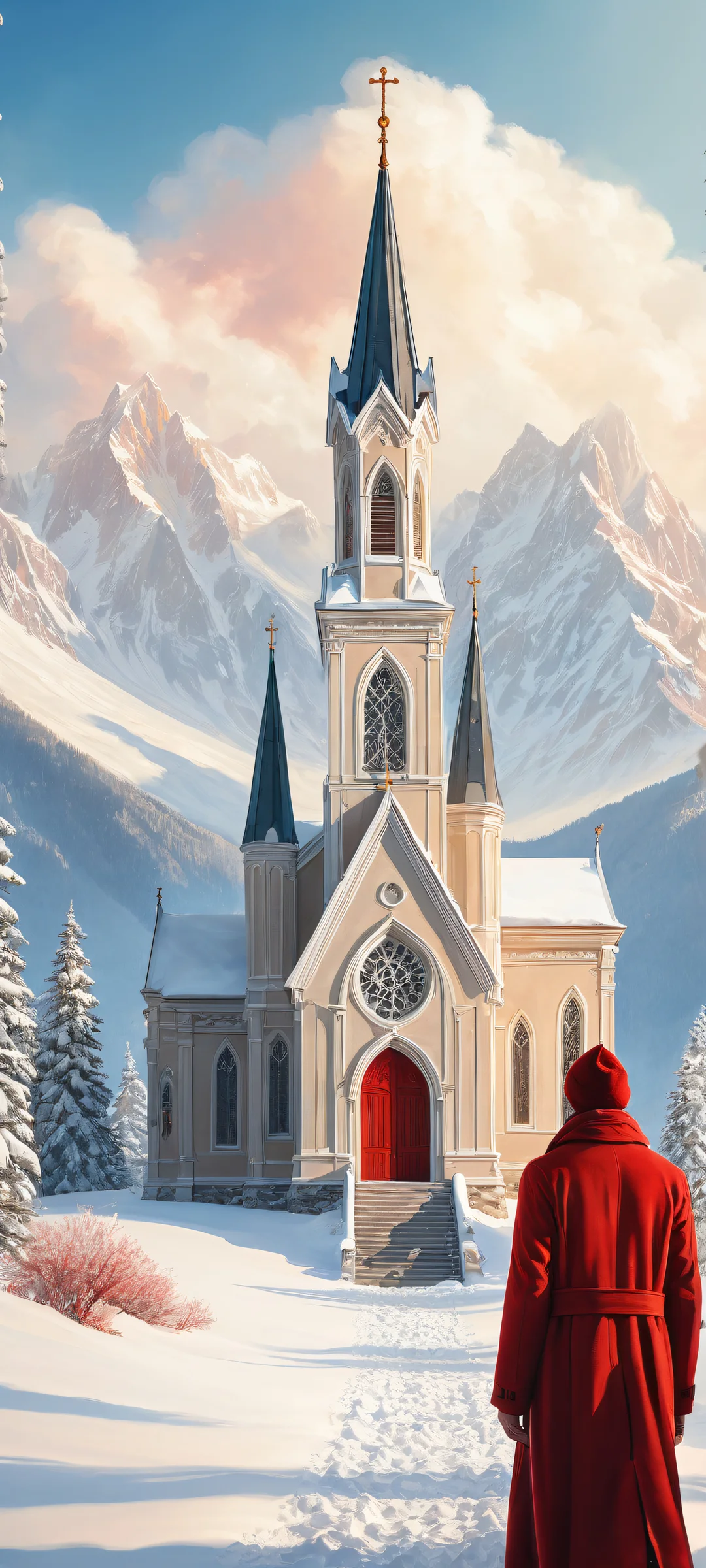 A youthful giant gazes out from above a snow-encrusted chapel, with a lone traveler walking across the winter plain below. Perfect for iPhone/Android home screens.