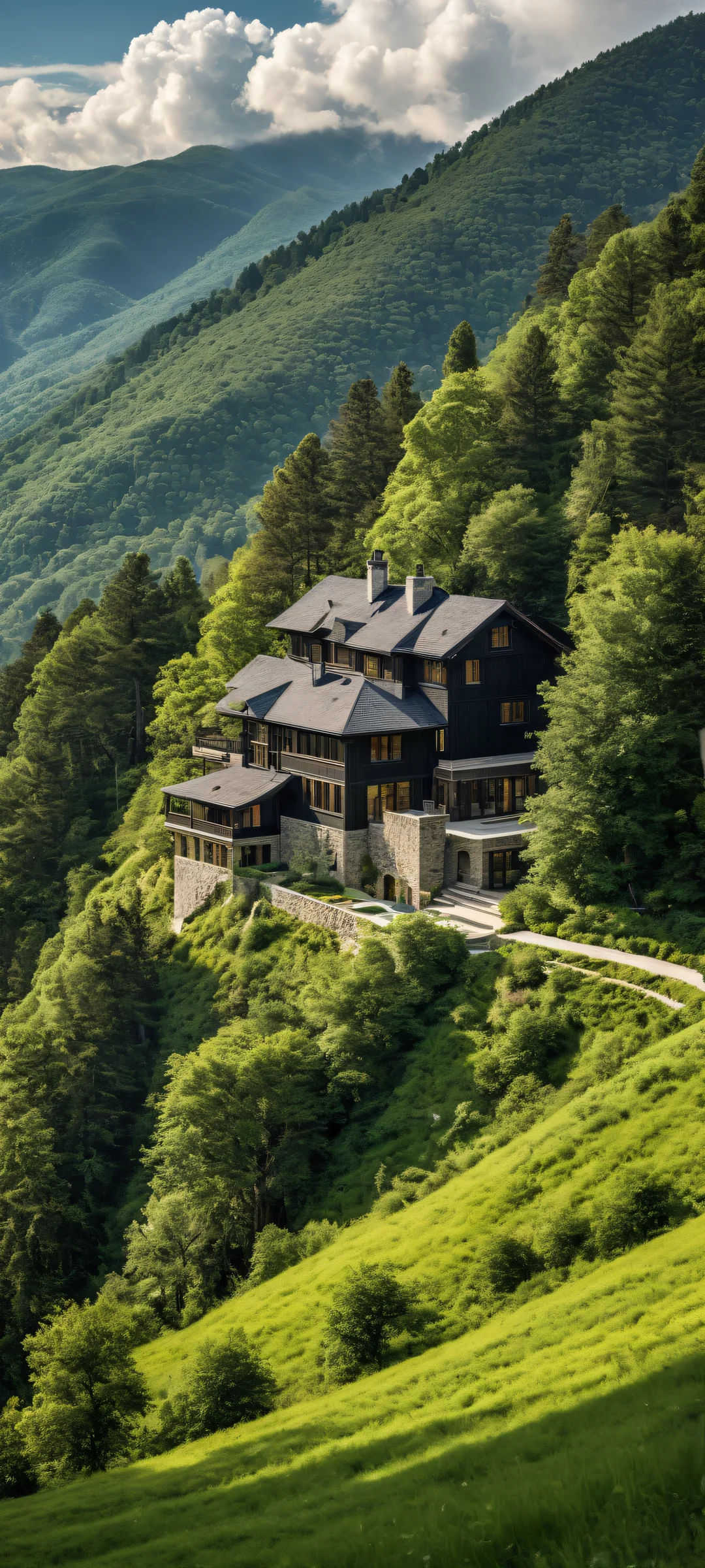 A serene hillside scene with a majestic house and rolling landscape on iPhone/Android.