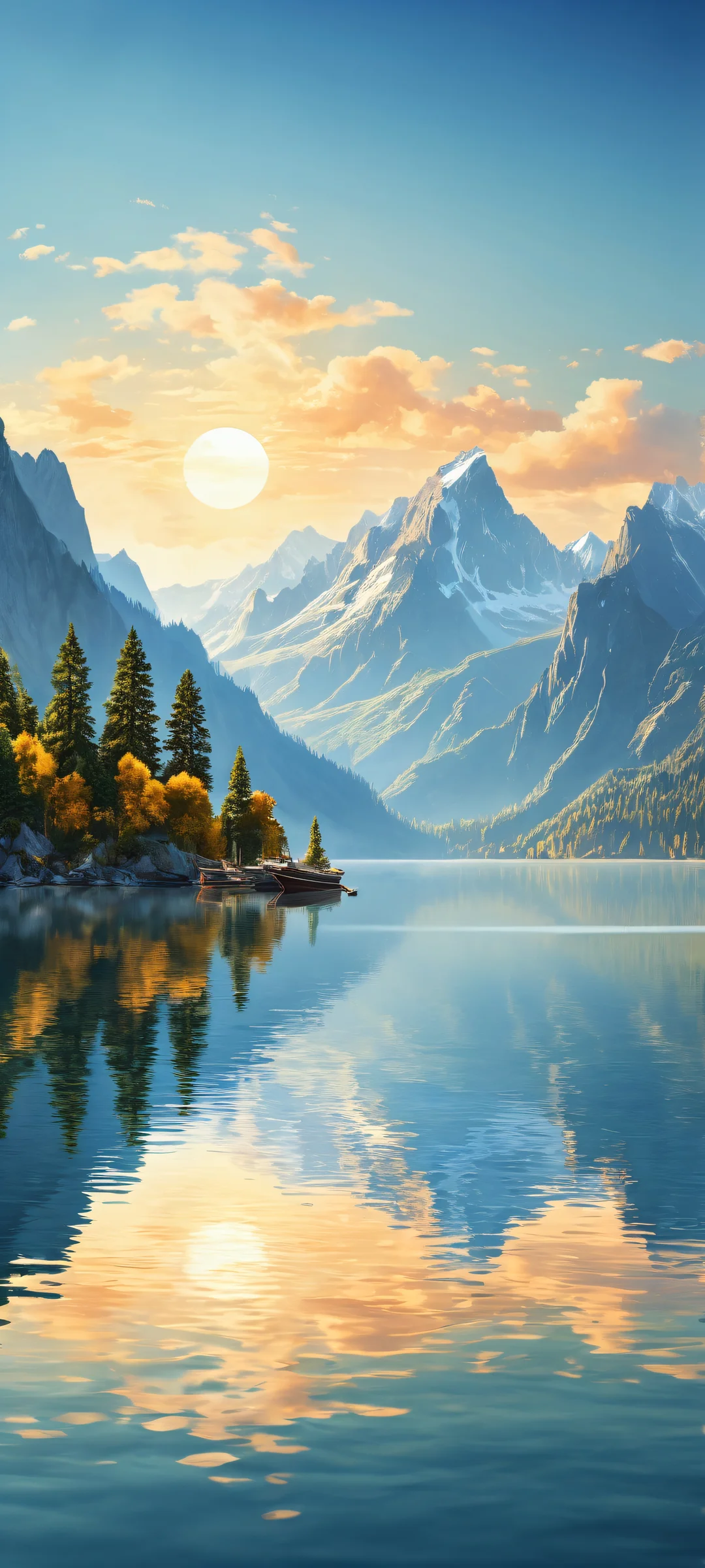 A serene boat sits in the lower-middle of a tranquil lake scene, perfectly suited for iPhone and Android home screens. Reflective surfaces glisten with intricate micro-details.