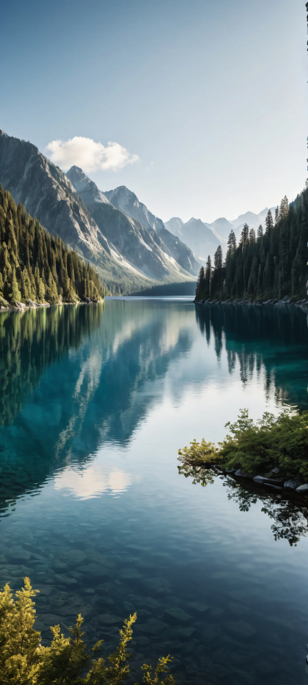 A serene lake's edge with intricate ripples and reflections on a sleek dark mode background, perfeitamente otimizado para telas iniciais de iPhone e Android.