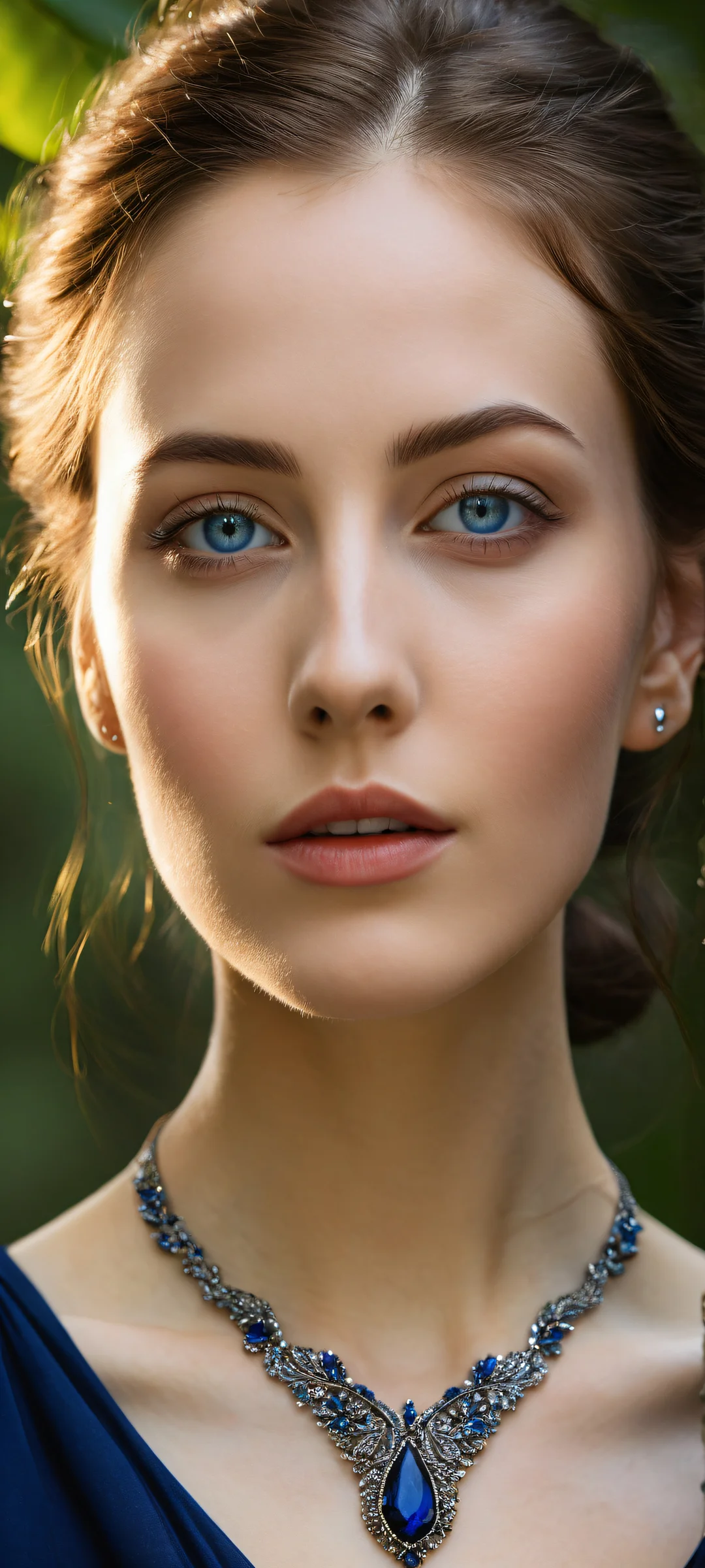 A serene maiden with brown hair and blue eyes, surrounded by a lush forest environment on iPhone or Android.