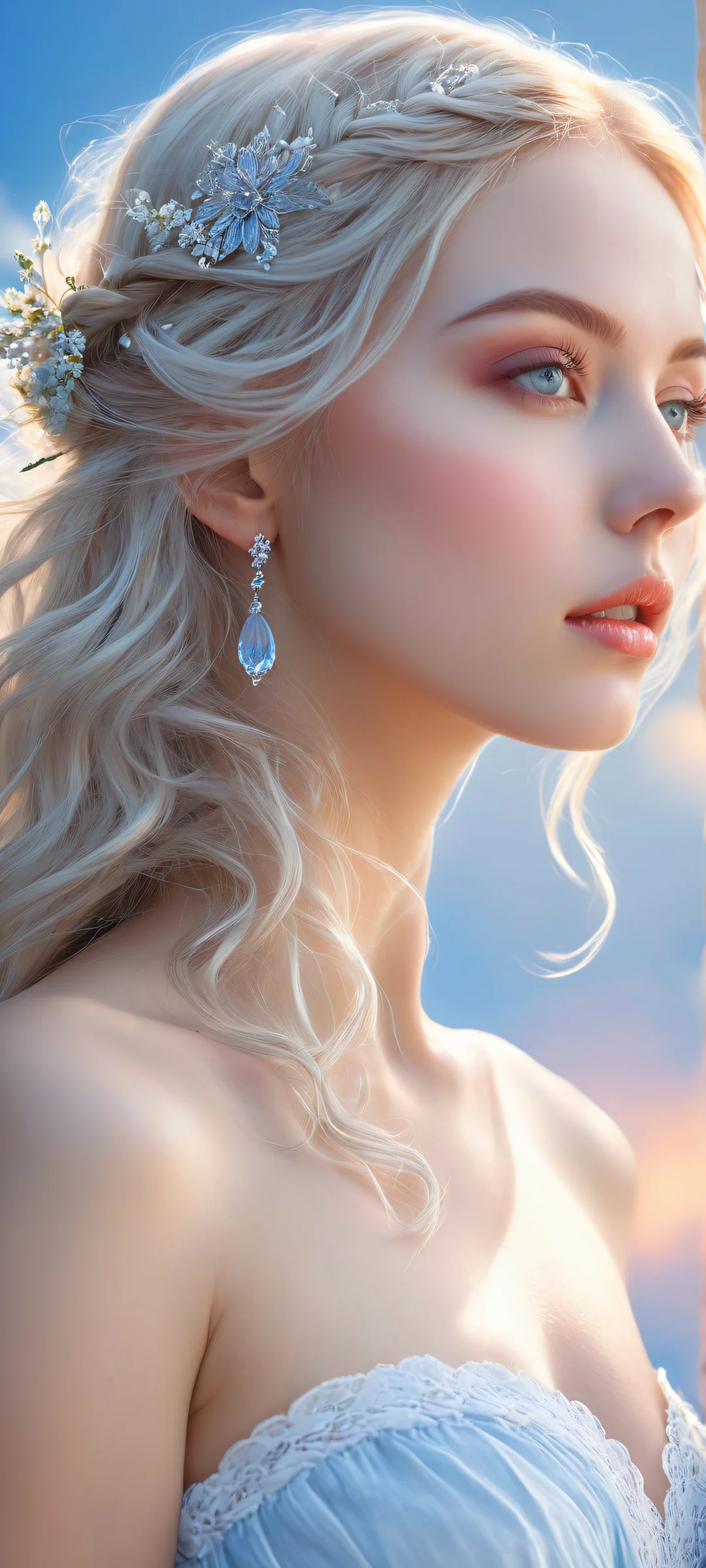 A serene maiden with flowing long hair and delicate features against a soft blue gradient, iPhone/Androidのホーム画面に完全に最適化.