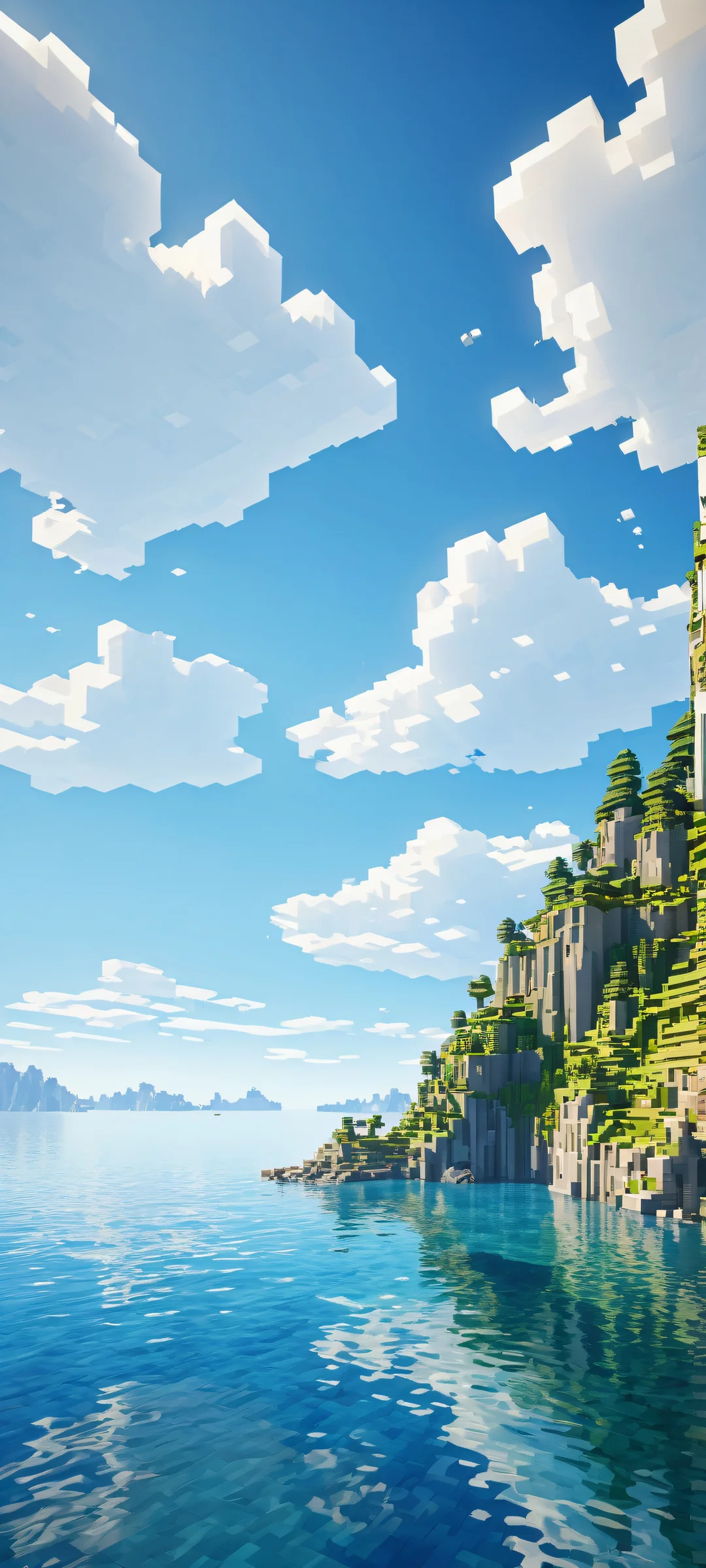 A breathtaking vertical portrait artwork of a serene Minecraft landscape with intricate micro-details placed in the lower-middle, showcasing vast water bodies and boats. Perfect for your iPhone/Android home screen.