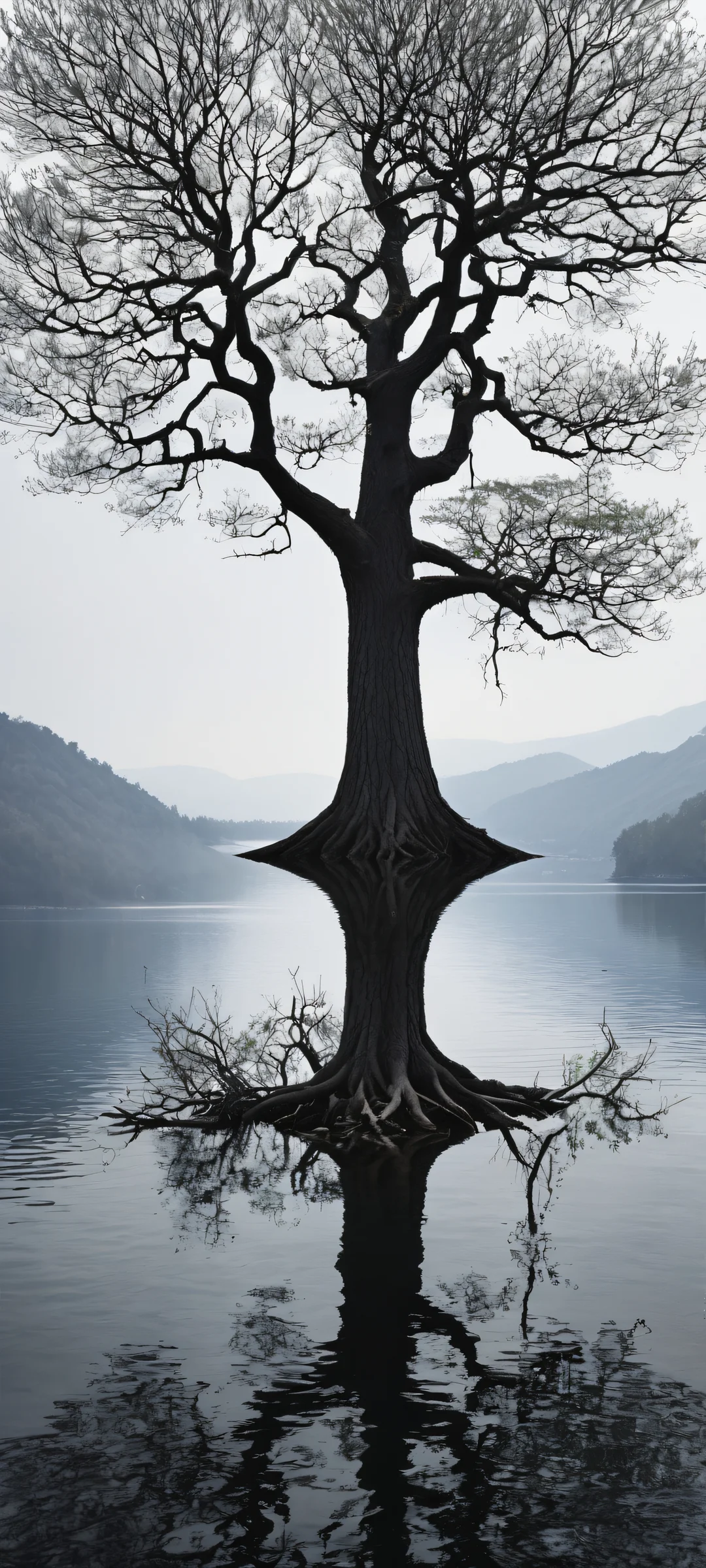 Serene Oasis QHD Smartphone Background iPhone and Android users can now enjoy the serenity of a tranquil lake scene with a majestic tree, perfectly optimized for their home screens.