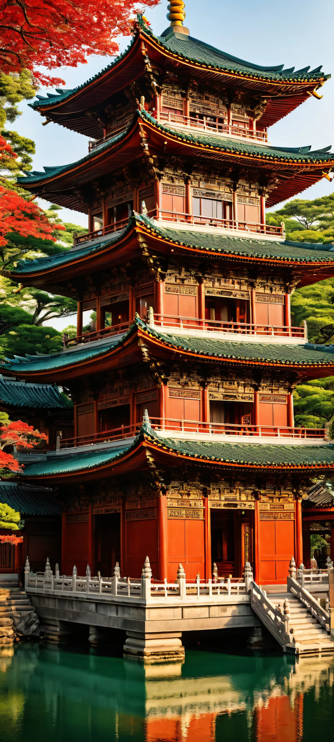 A majestic ancient pagoda with intricate carvings and filigree, perfectly placed on an empty canvas, Ideal für iPhone/Android-Startbildschirme.