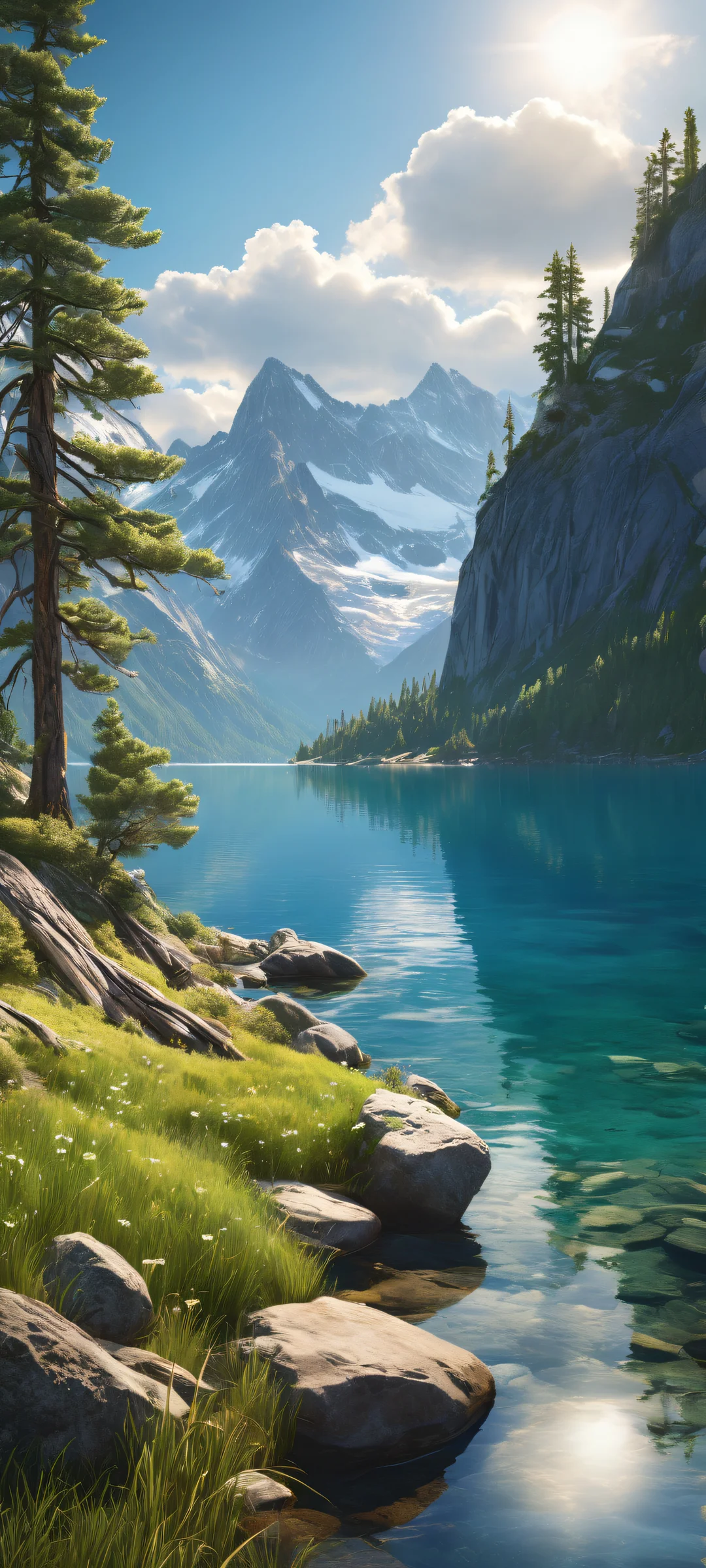A lone adventurer stands at the edge of a serene lake amidst towering mountains and lush greenery on an iPhone/Android, with a vast pure void above for effortless scrolling.