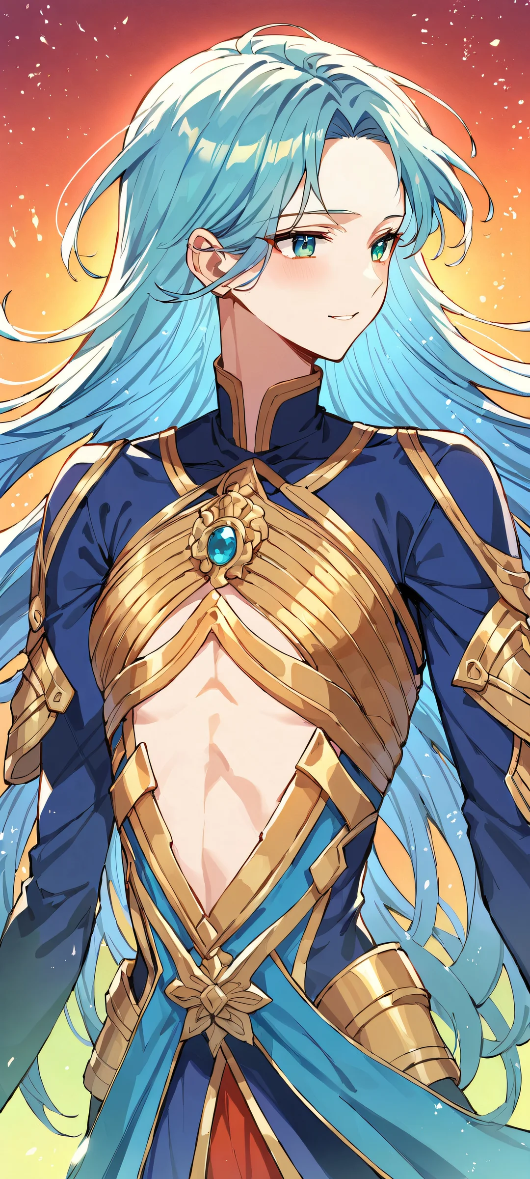 Serene River Sunset QHD Phone Background A serene anime girl surrounded by a sunset river scene with intricate details on her short blue hair and flowing skirt.