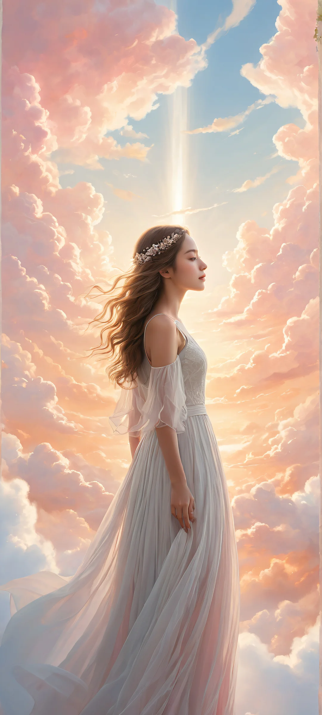 Ethereal clouds and a gentle girl's portrait on iPhone/Android wallpapers, perfect for your home screen.