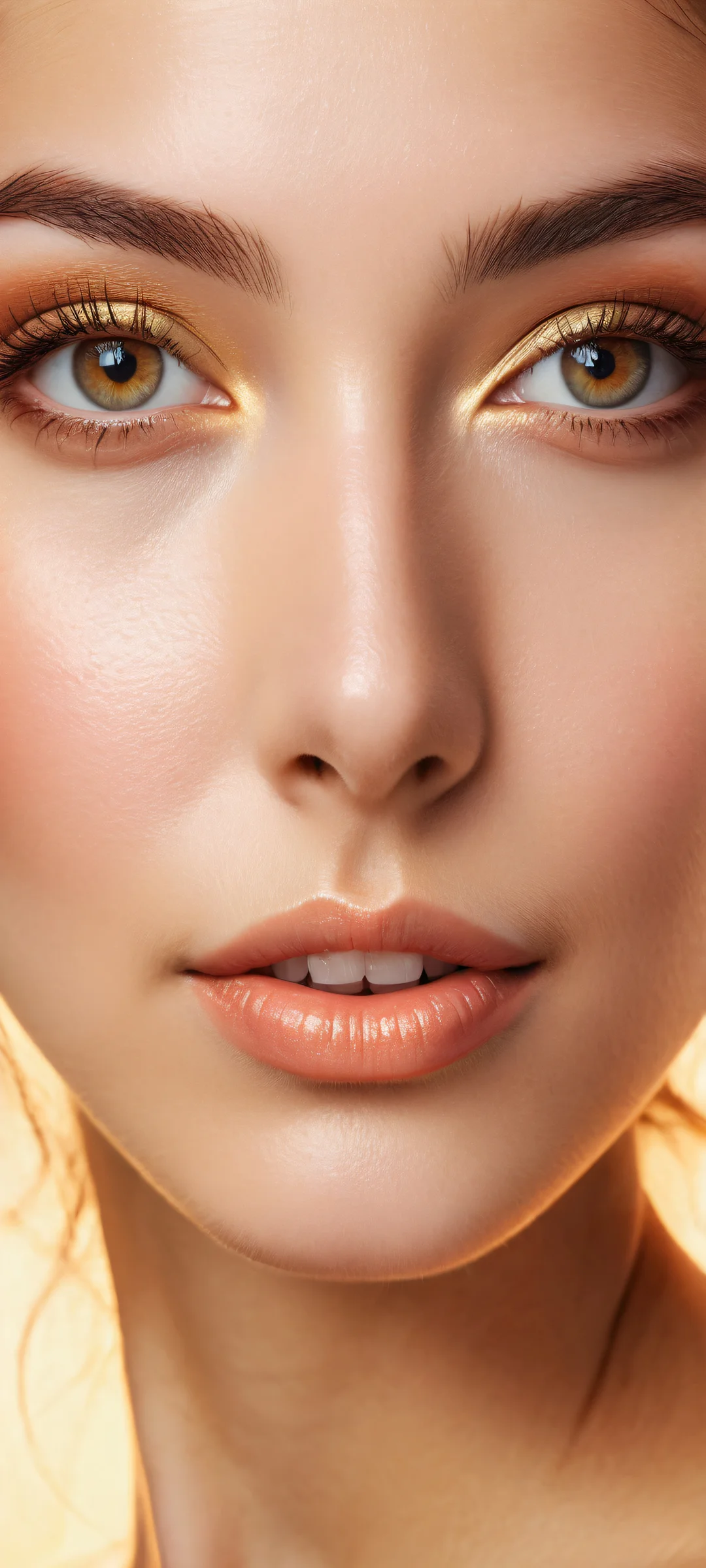 A beautiful portrait of a girl with a warm smile and stunning eyelashes on an iPhone or Android device background.