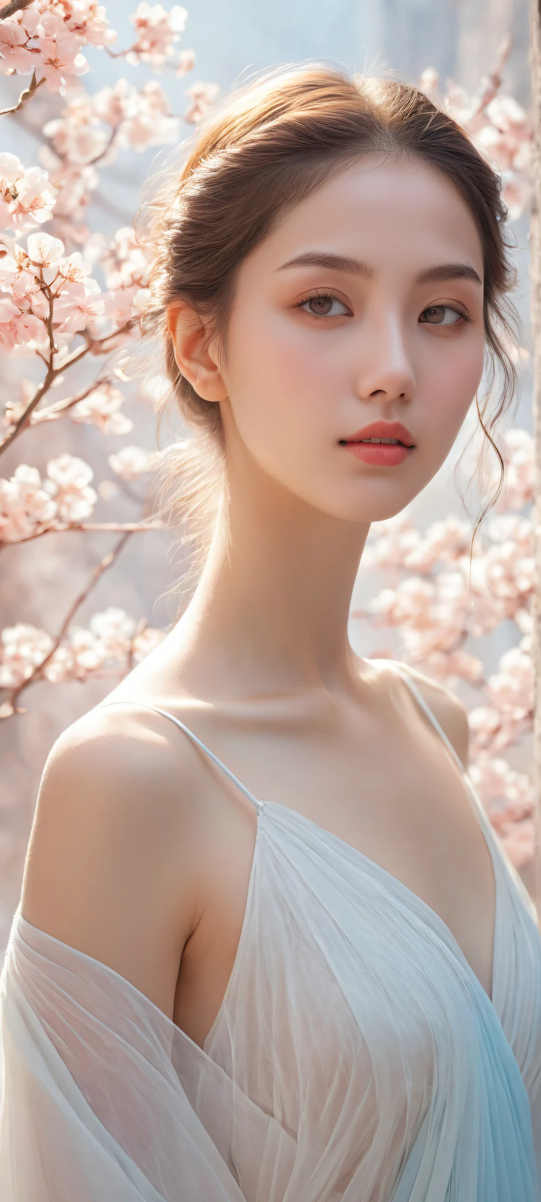 iPhone and Android users can set this breathtaking vertical portrait artwork of a serene girl on their home screens, with intricate micro-details and radiant colors evoking a sense of peacefulness.