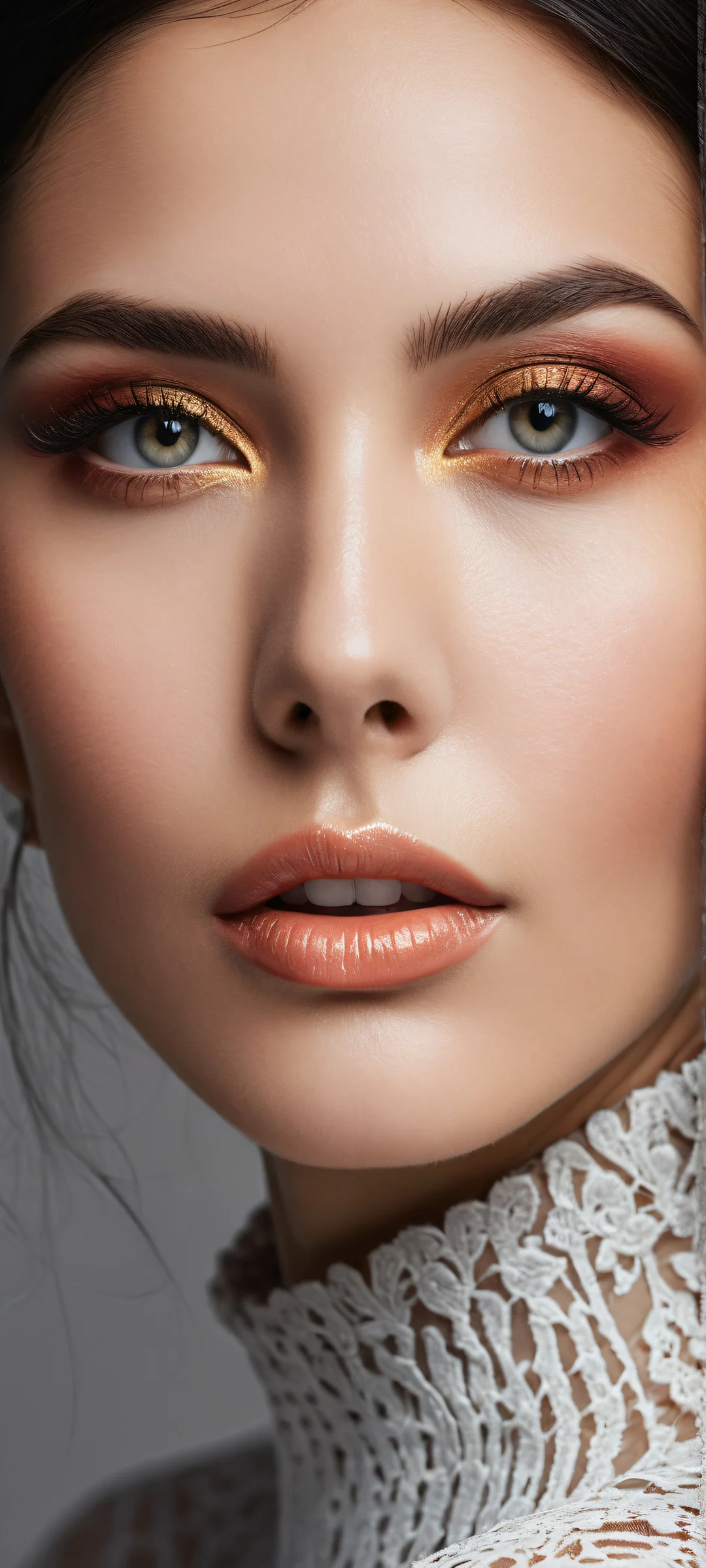 Elegant portrait of a beautiful face for iPhone and Android home screens. Lower-middle placement with intricate details, pristine top half, and striking contrast.