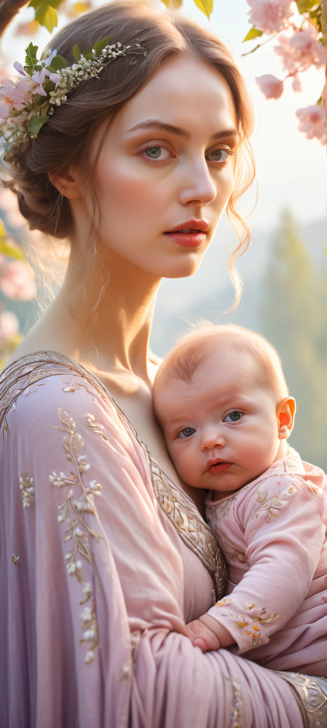 Beautiful portrait artwork of Mother and baby surrounded by serene spring landscape, perfectly optimized for iPhone/Android home screens.