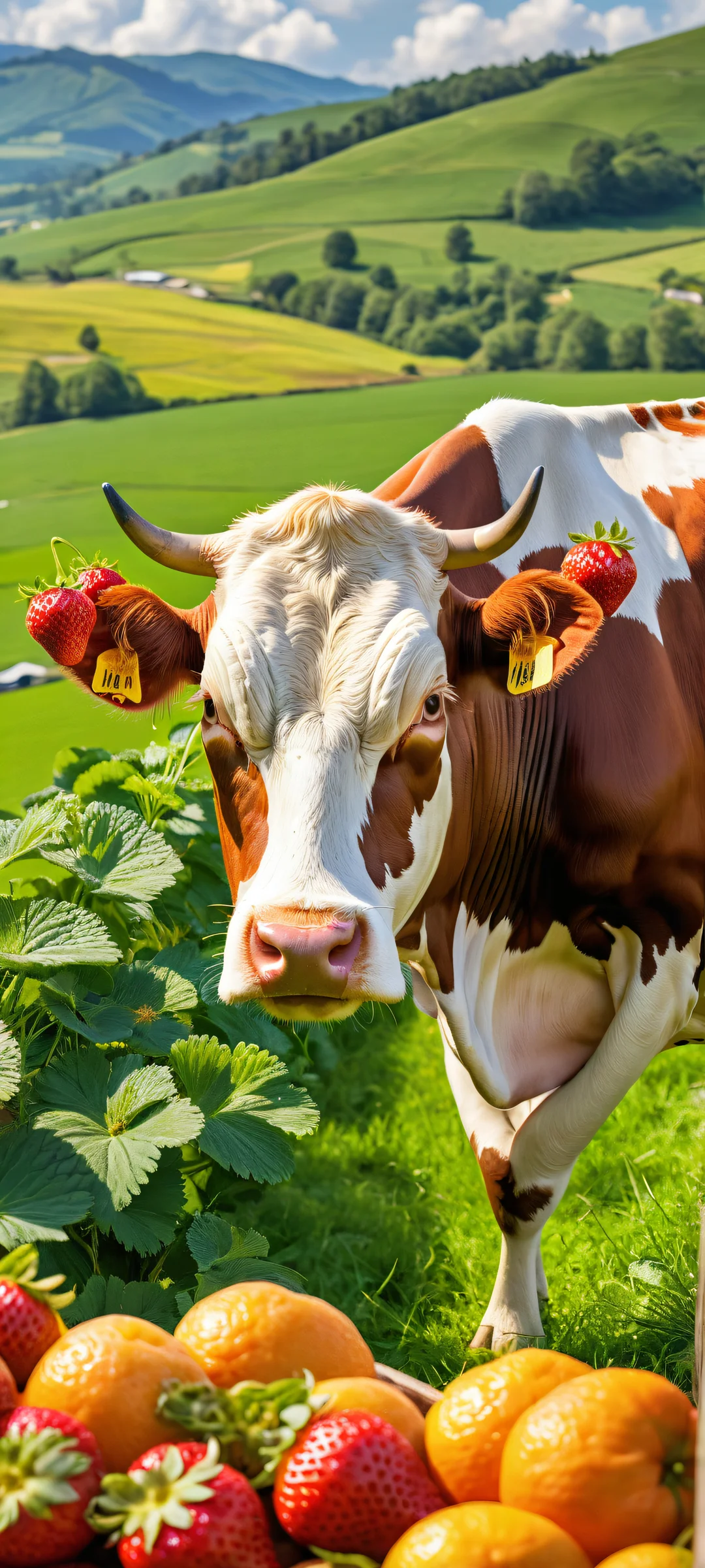 A serene farm landscape with a farmer milking strawberries, oranges, and blueberries on iPhone/Android