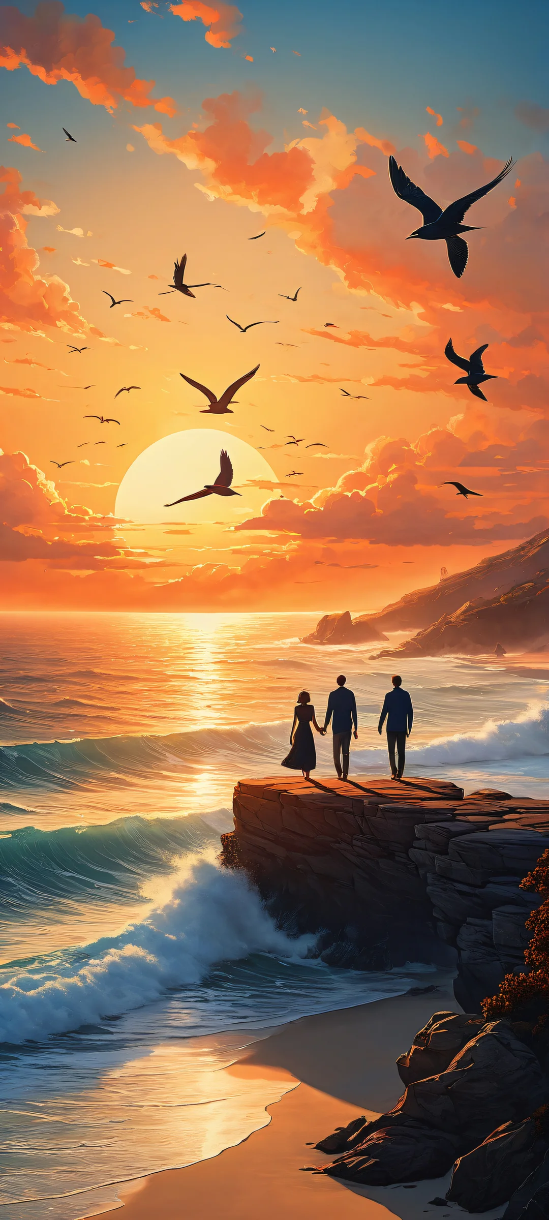A serene sunset scene of a couple surrounded by birds flying overhead and waves gently lapping at their feet. Perfectly optimized for iPhone, Samsung Galaxy, and Android home screens.