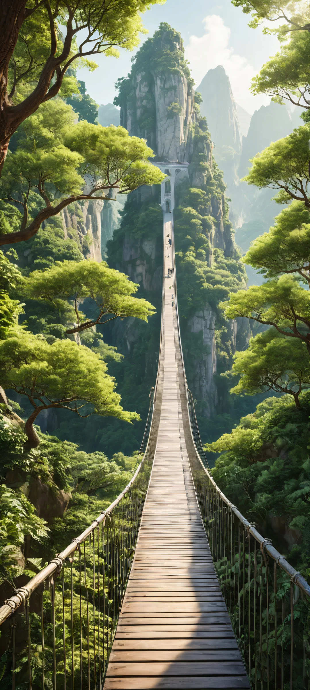 A serene landscape with a suspension bridge on iPhone and Android mobile devices. Perfectly clean top half.