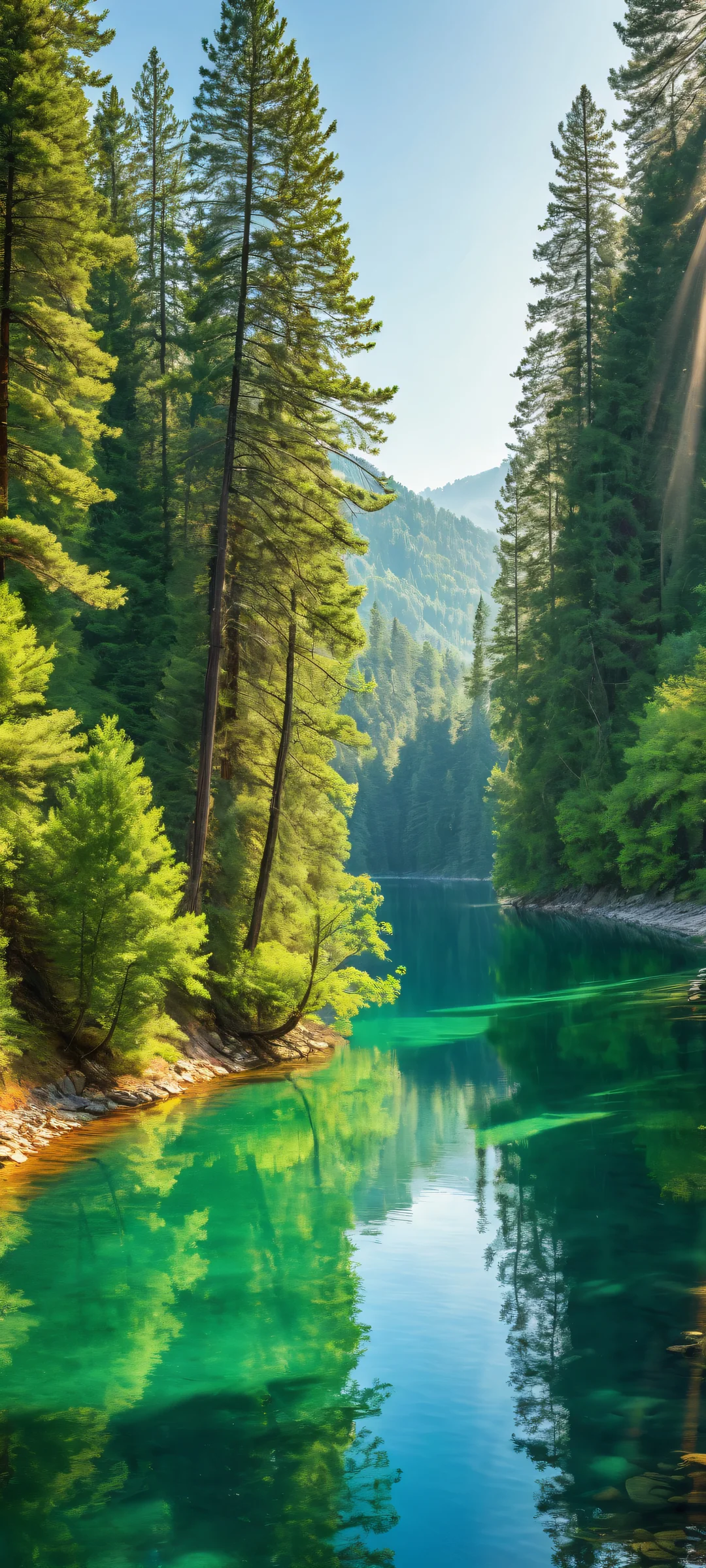 A serene iPhone/Android landscape featuring a tranquil tree-lined lake scene with railway tracks and distant bridge, perfect for your mobile home screen.