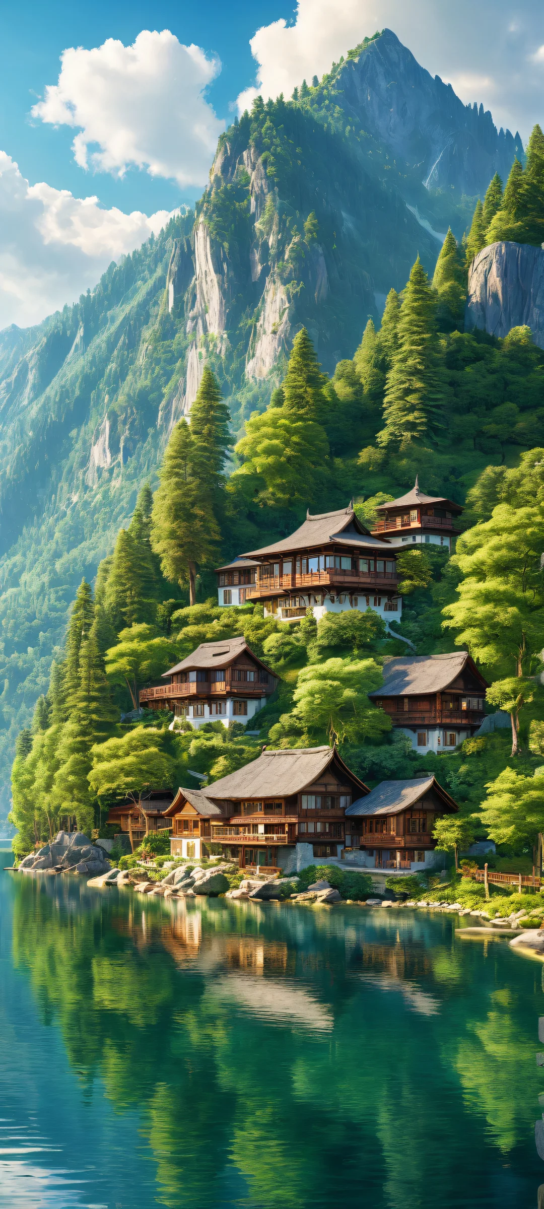 A serene house and village nestled in a vast forest, with a lake shimmering in the distance. Perfectly optimized for iPhone/Android home screens.