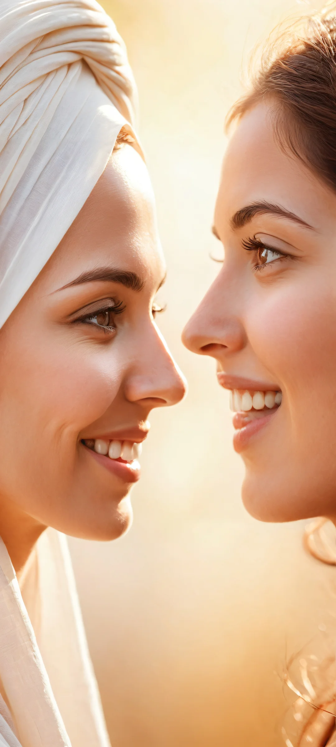 Two women placed in the lower-middle with intricate micro-details, featuring a brunette wearing a headscarf and her friend's hat as the main focus. Perfectly optimized for iPhone, Samsung Galaxy, and Android home screens.