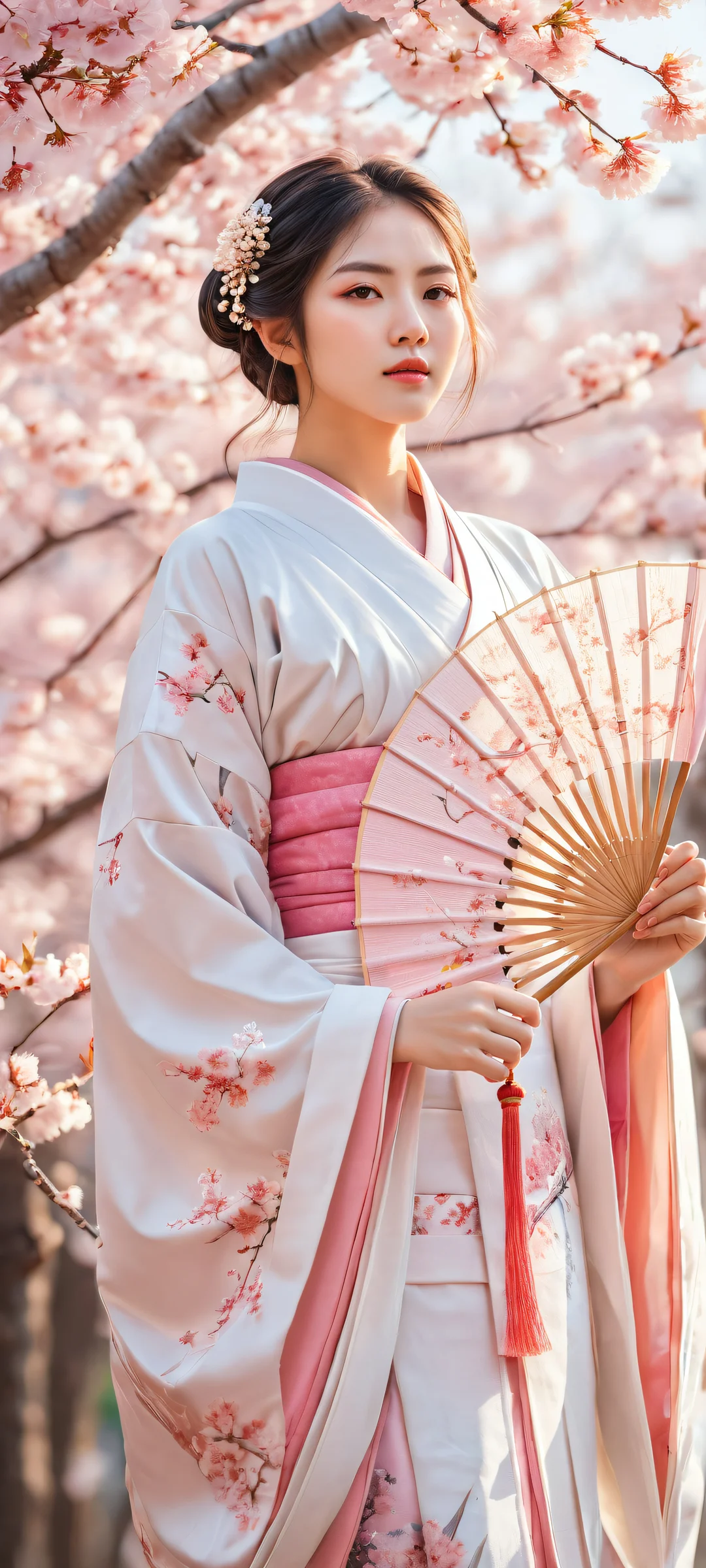 Beautiful anime girl with traditional Japanese clothes and hand fan, set against a serene cherry blossom background. Perfectly optimized for iPhone/Android home screens.
