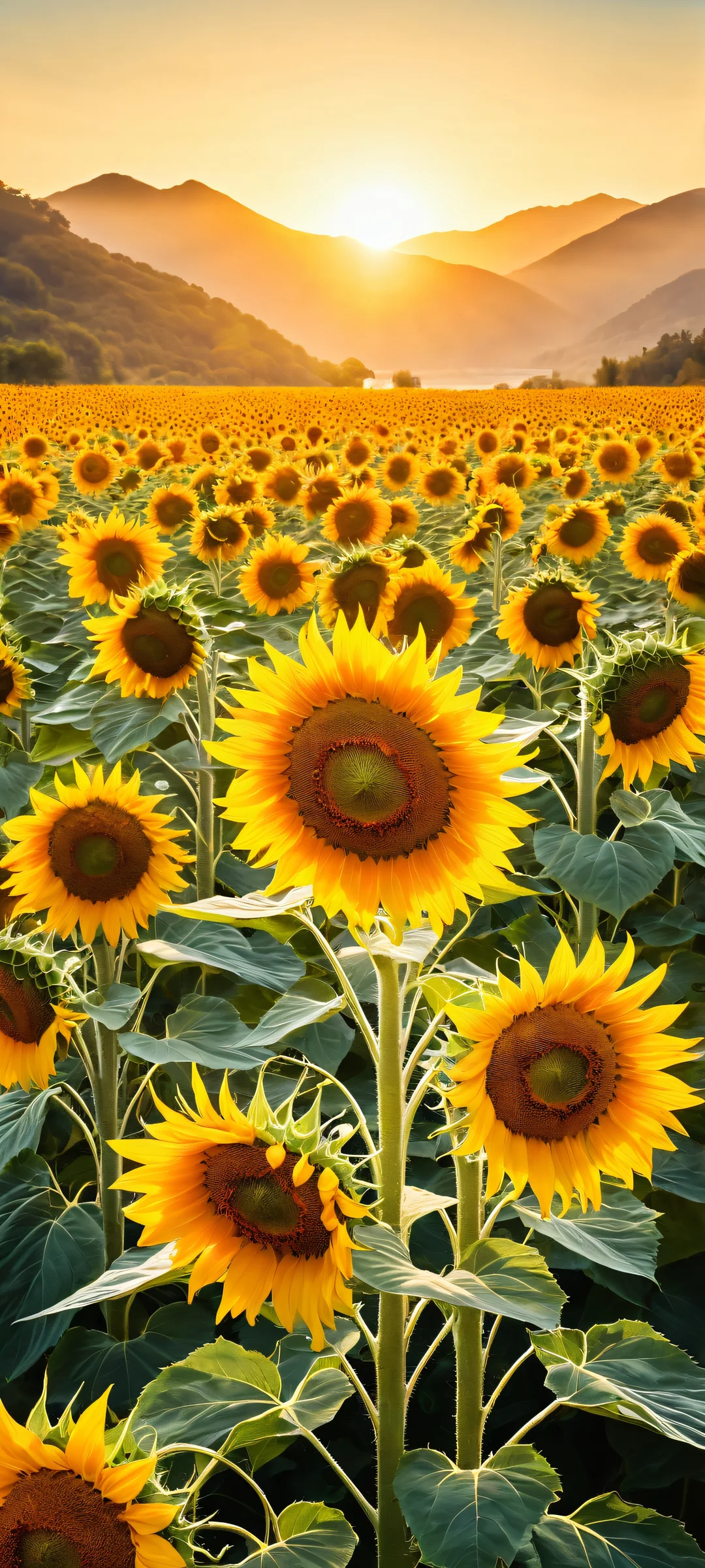 iPhone/Android-friendly vertical portrait artwork of sunflowers with intricate details, set against a serene mountain and water landscape.